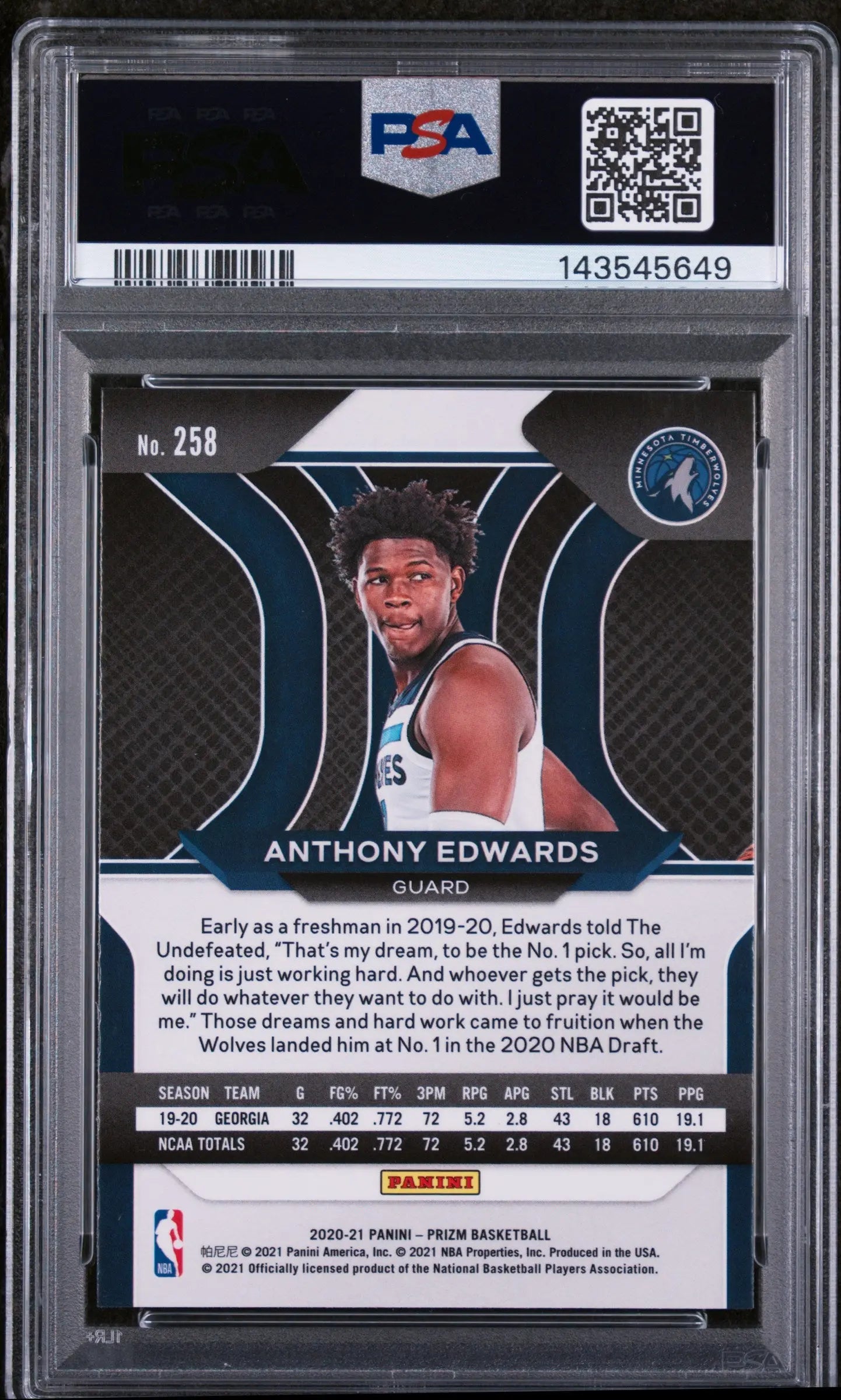 2020 Panini Prizm Rookie Anthony Edwards RC PSA 9 