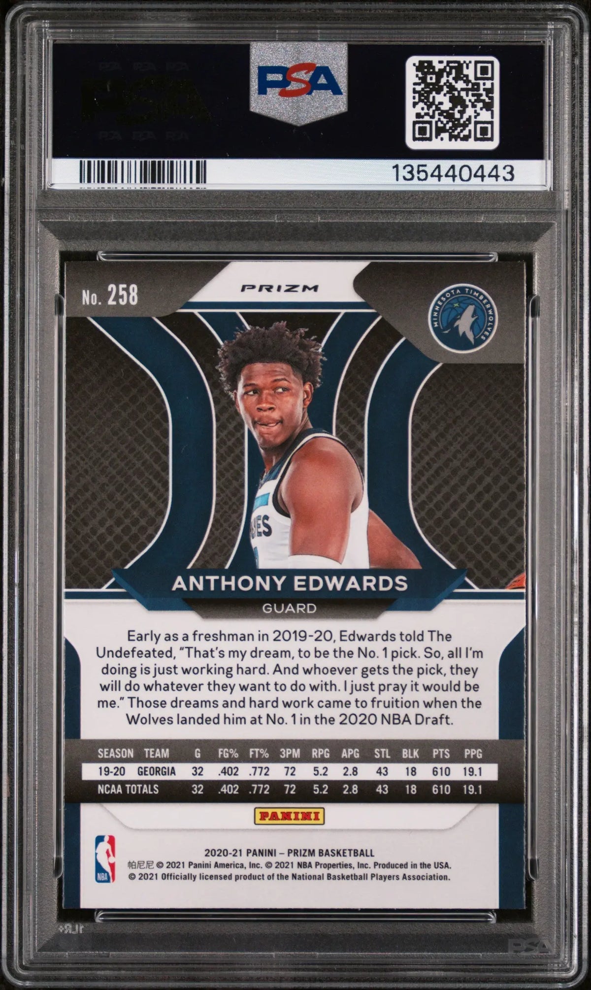2020 Panini Prizm Rookie Anthony Edwards Silver Prizm RC PSA 9 