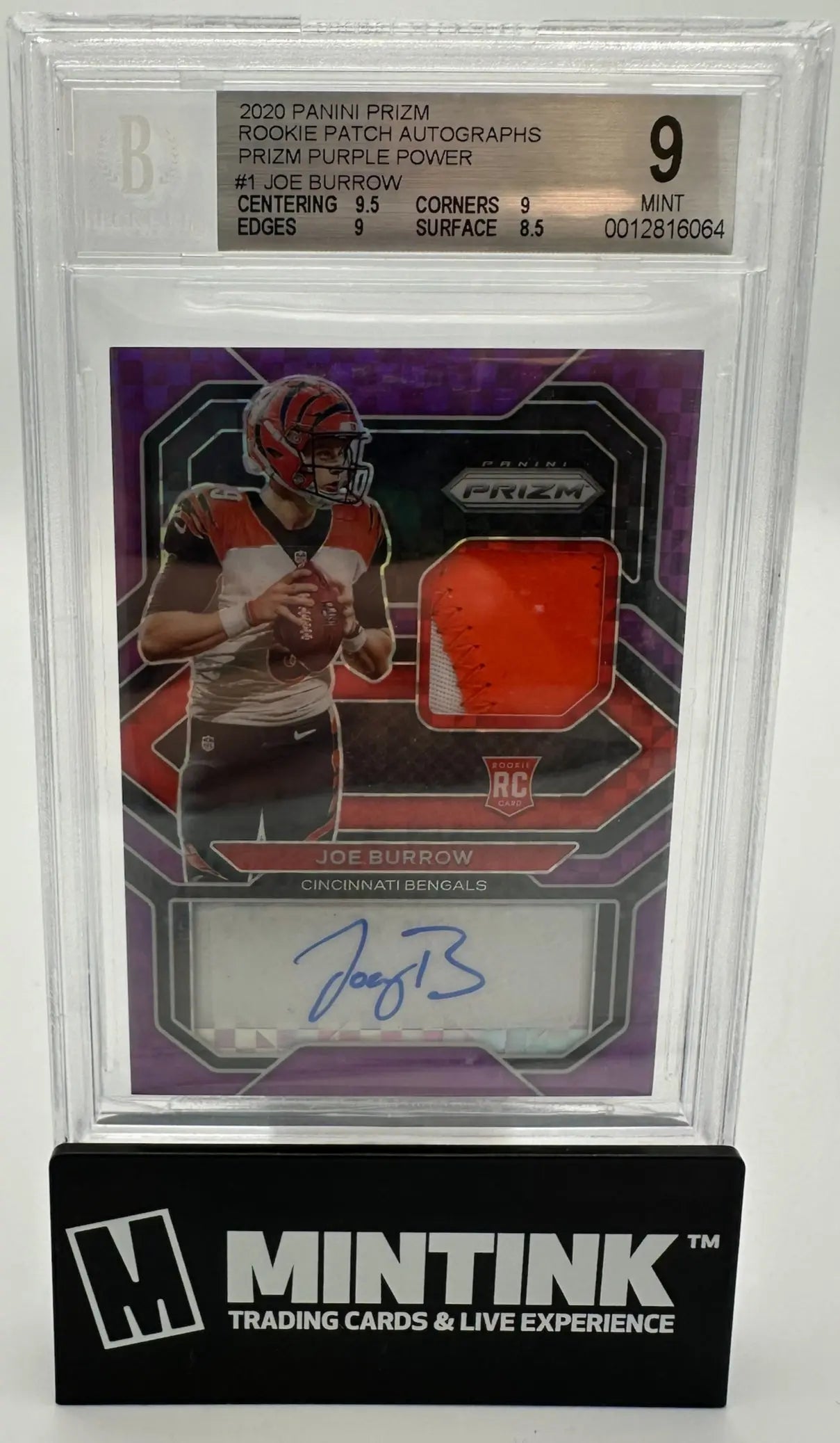 2020 Panini Prizm Rookie Patch Autograph Joe Burrow Purple /49 BGS 9 Auto 10 
