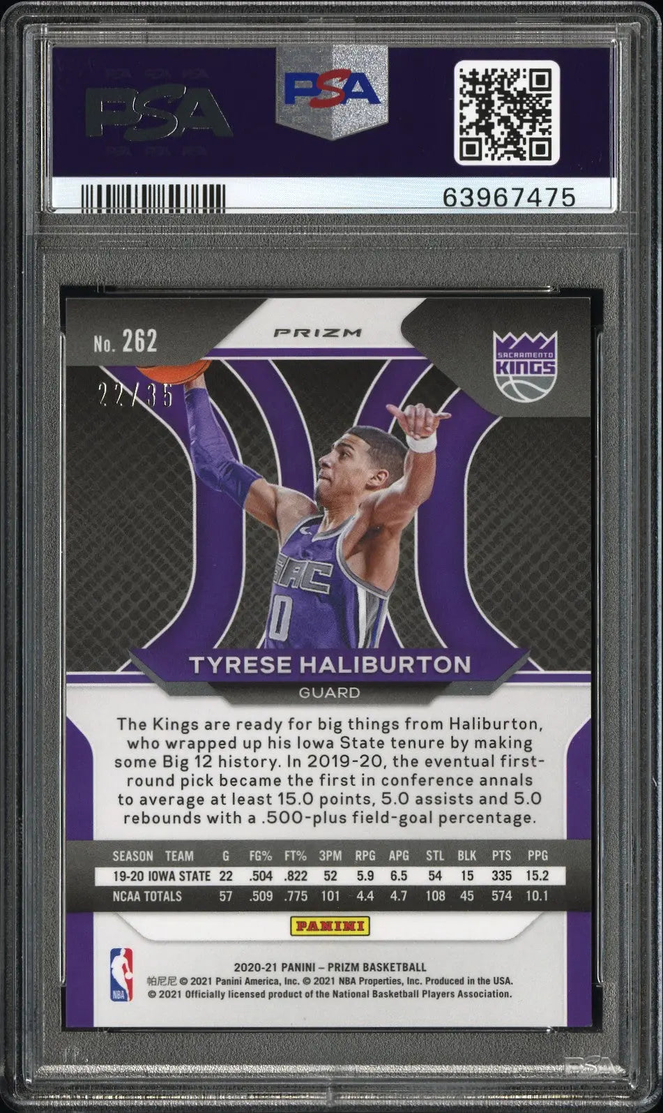 2020 Panini Prizm Tyrese Haliburton RC Rookie #262 Purple Pulsar PSA 10 /35 