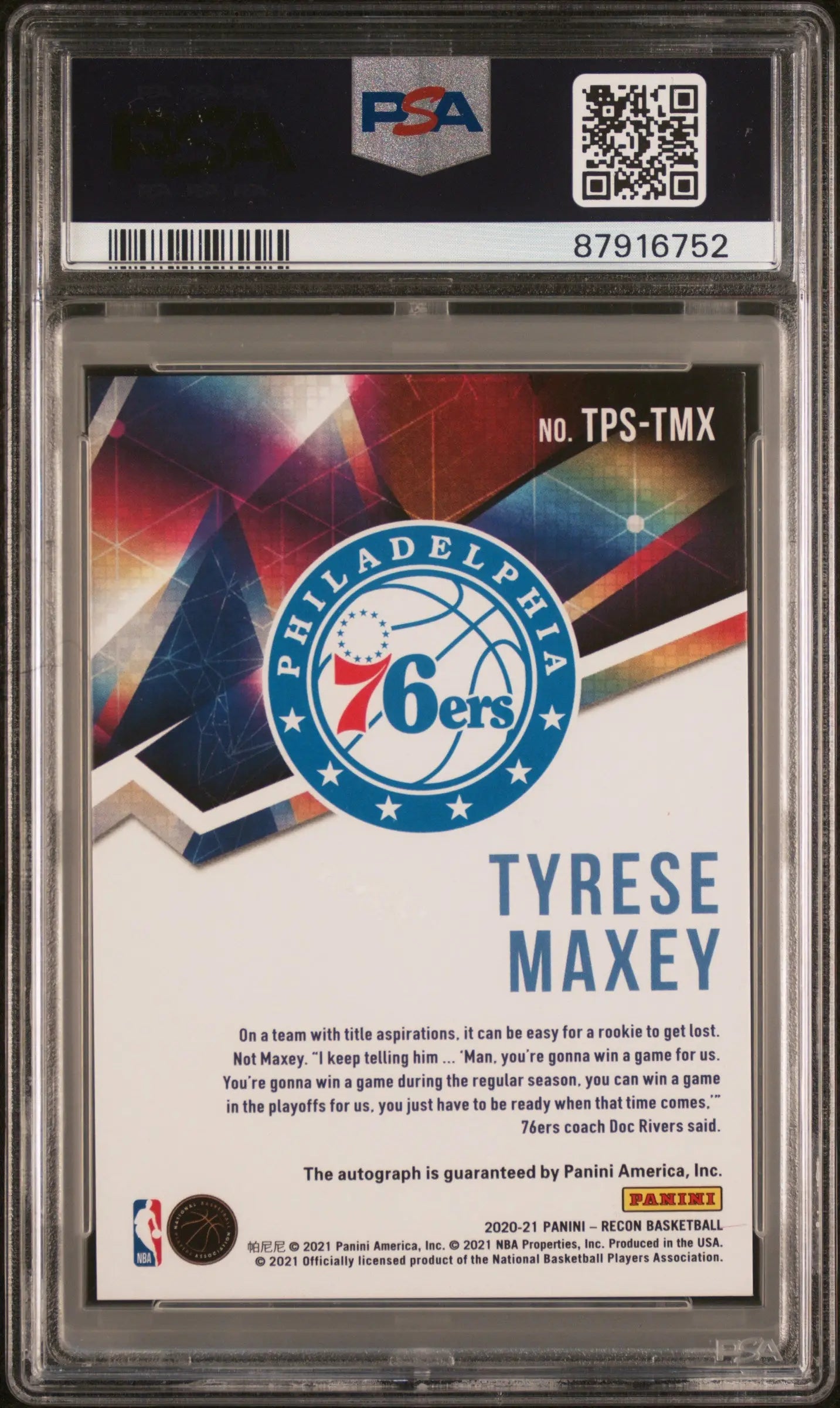 2020 Panini Recon True Potential Signatures Autograph Tyrese Maxey Red /99 PSA 8 