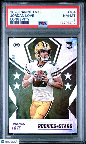 2020 Panini Rookies & Stars Football Jordan Love RC Rookie #104 Longevity PSA 8 