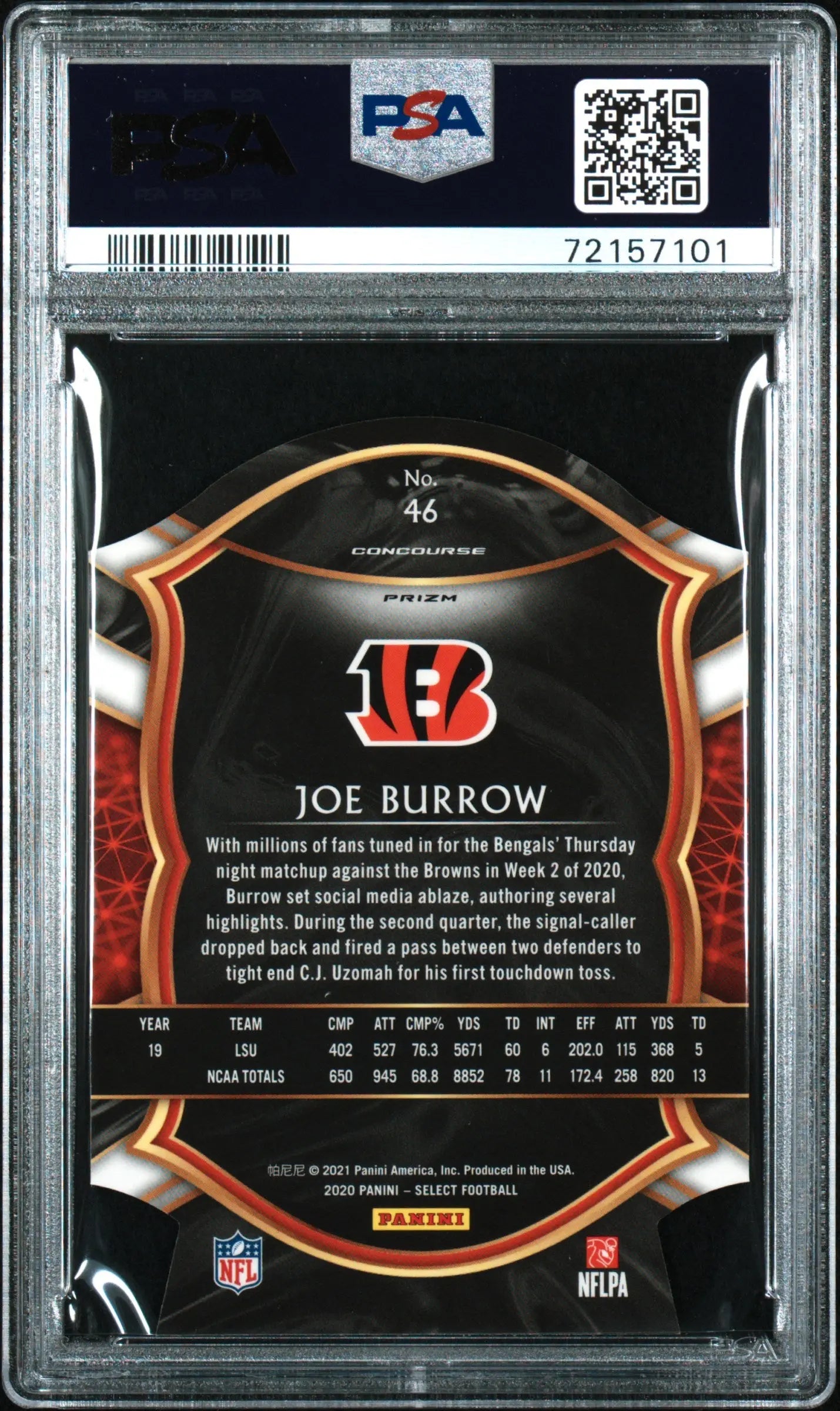 2020 Panini Select Joe Burrow RC Rookie #46 Die Cut Blue Prizm PSA 10 