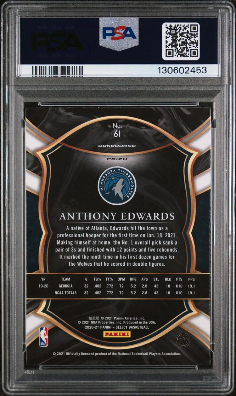 2020 Panini Select Rookie Anthony Edwards Red/White/Orange Flash RC PSA 9 