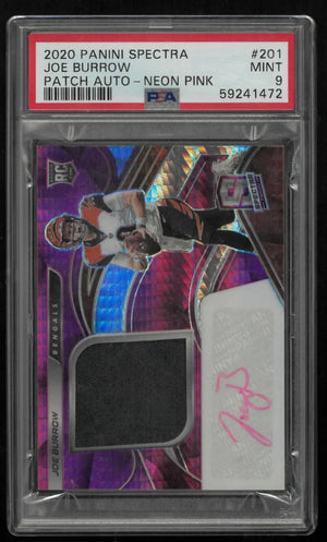 2020 Panini Spectra Rookie Patch Autograph Joe Burrow RC Neon Pink /25 PSA 9 