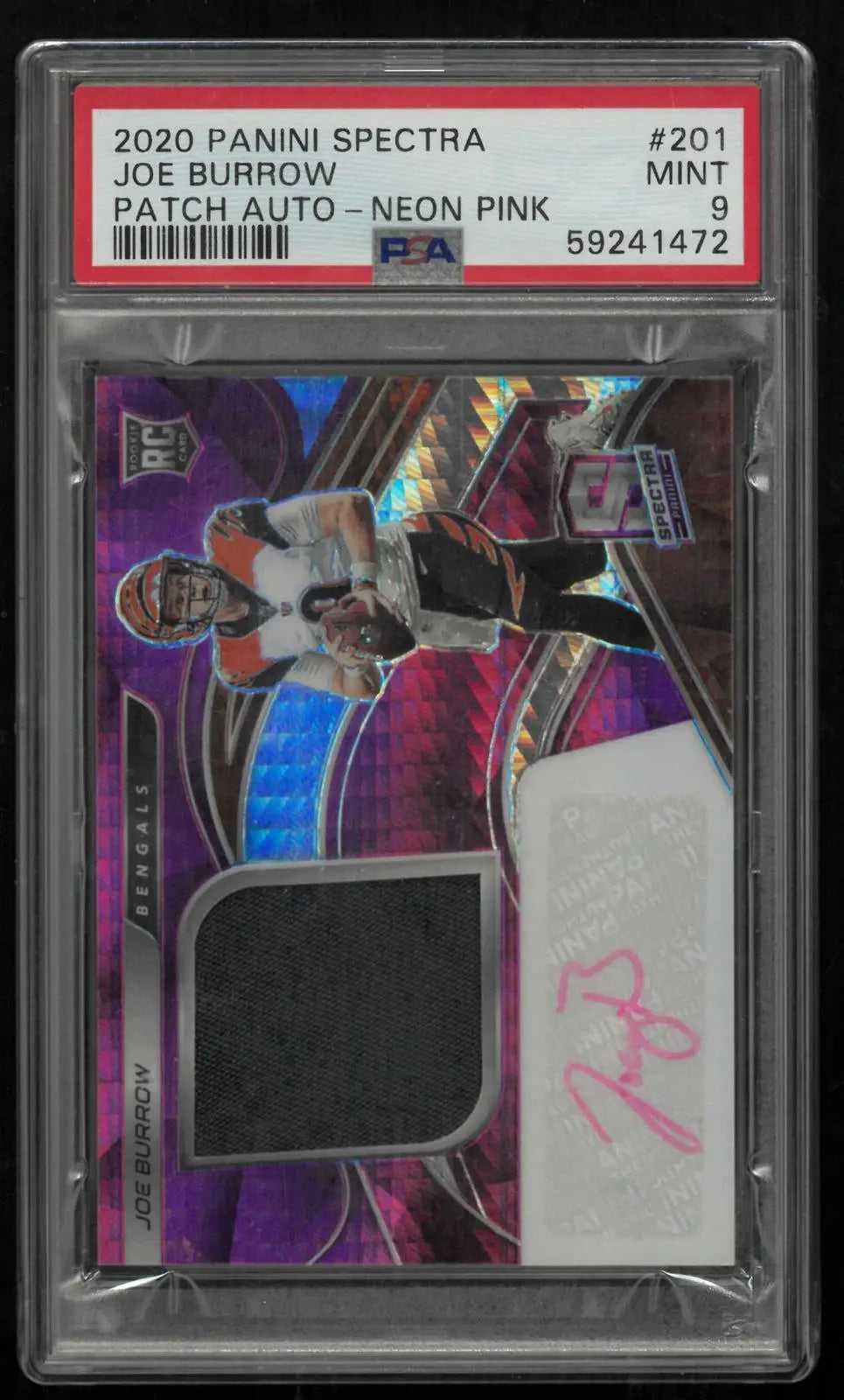 2020 Panini Spectra Rookie Patch Autograph Joe Burrow RC Neon Pink /25 PSA 9 
