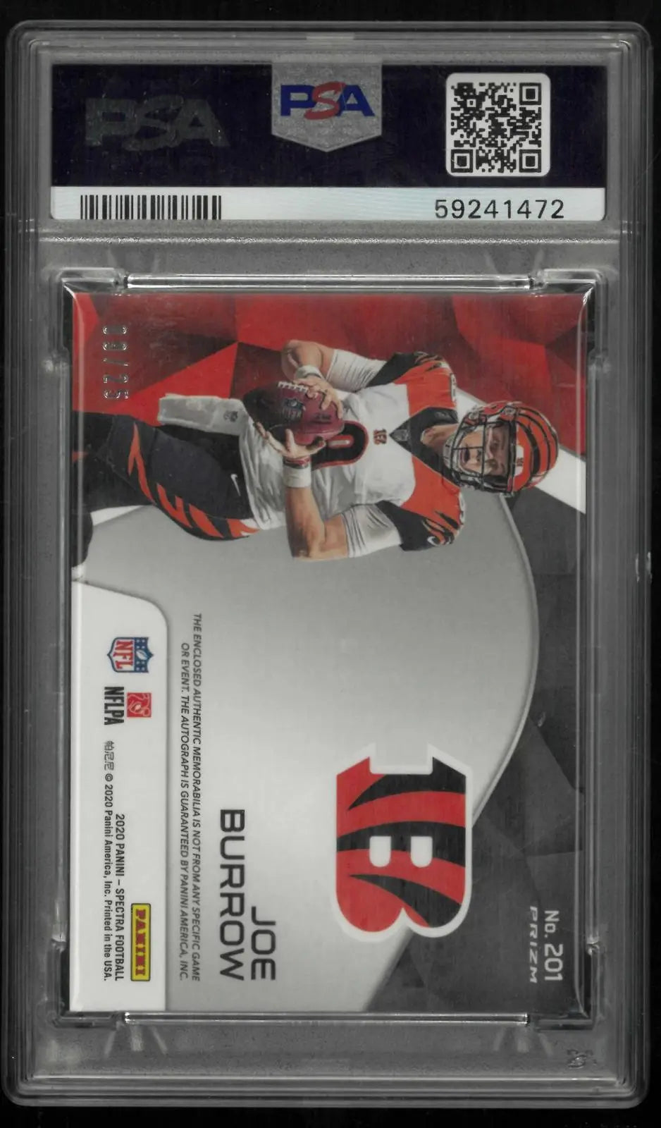 2020 Panini Spectra Rookie Patch Autograph Joe Burrow RC Neon Pink /25 PSA 9 