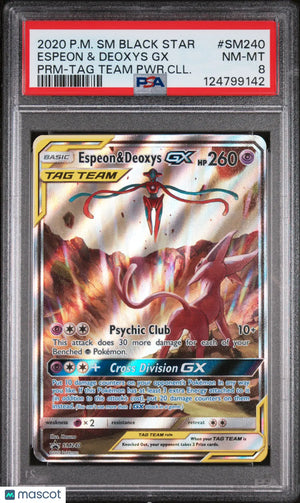 2020 Pokemon Black Star Promo Espeon Deoxys GX #SM240 Premium -TAG Team PSA 8 