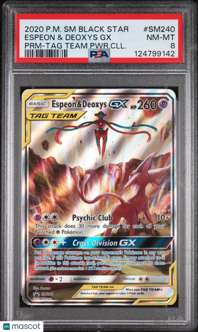 2020 Pokemon Black Star Promo Espeon Deoxys GX #SM240 Premium -TAG Team PSA 8 