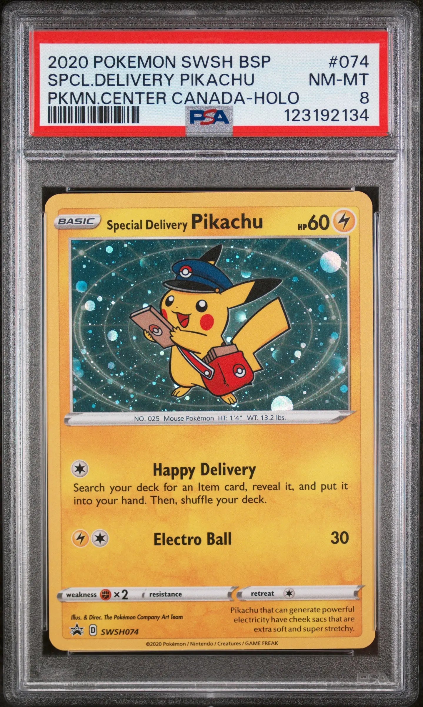 2020 Pokemon SWSH BSP Special Delivery Pikachu Pkmn.Center Canada Holo PSA 8 