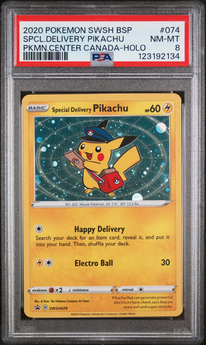 2020 Pokemon SWSH BSP Special Delivery Pikachu Pkmn.Center Canada Holo PSA 8 