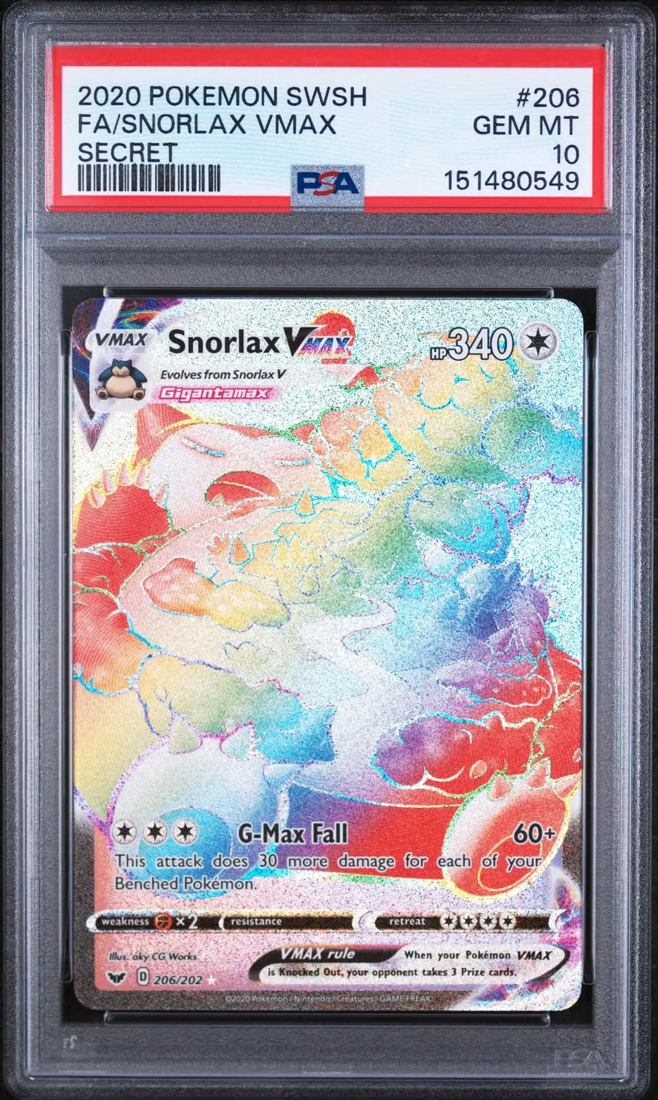 2020 Pokemon Sword & Shield 206/202 Snorlax VMAX Rainbow Secret PSA 10 