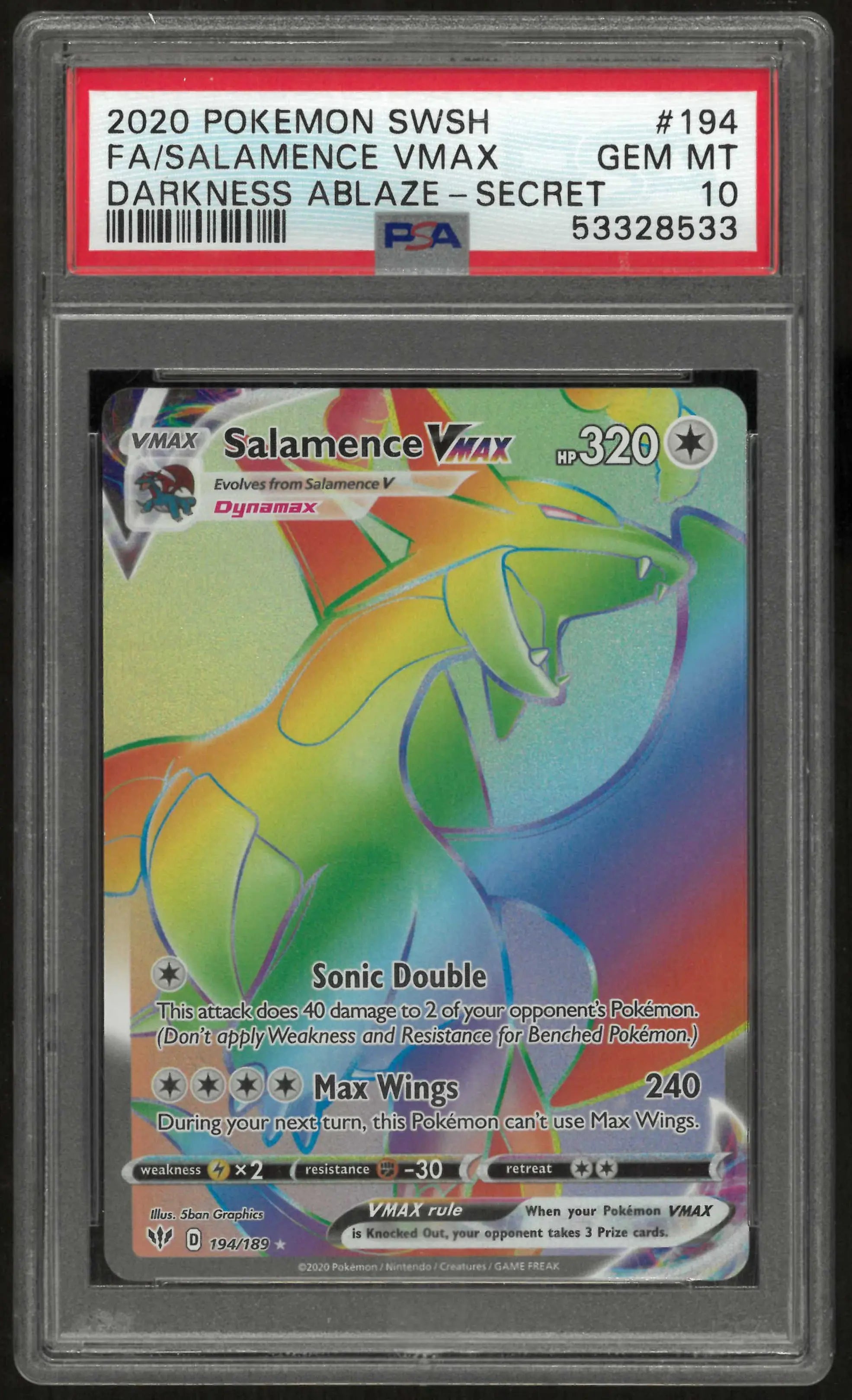 2020 Pokemon Sword & Shield Darkness Ablaze 194/189 Salamence Vmax Secret PSA 10 