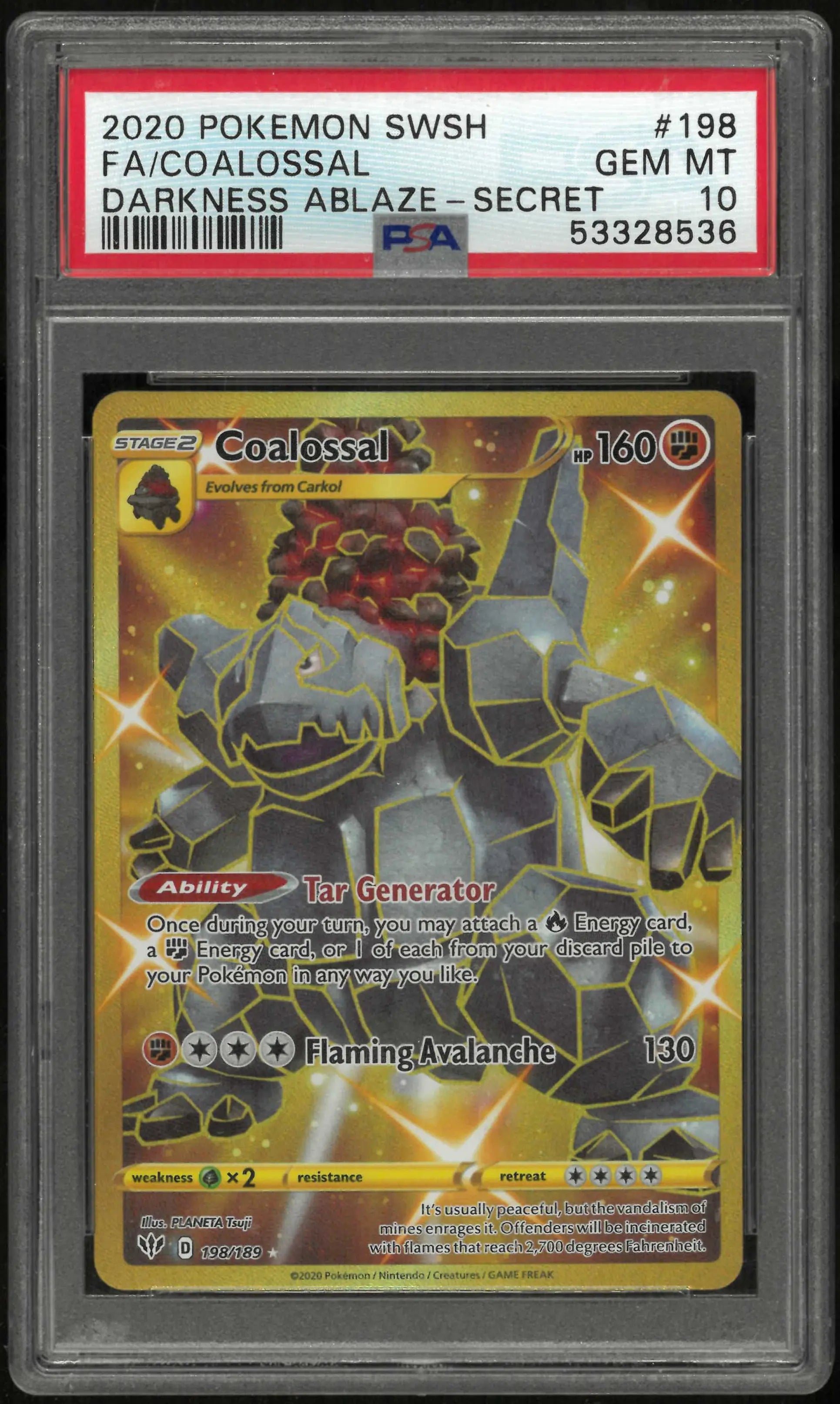 2020 Pokemon Sword & Shield Darkness Ablaze 198/189 Coalossal Secret PSA 10 