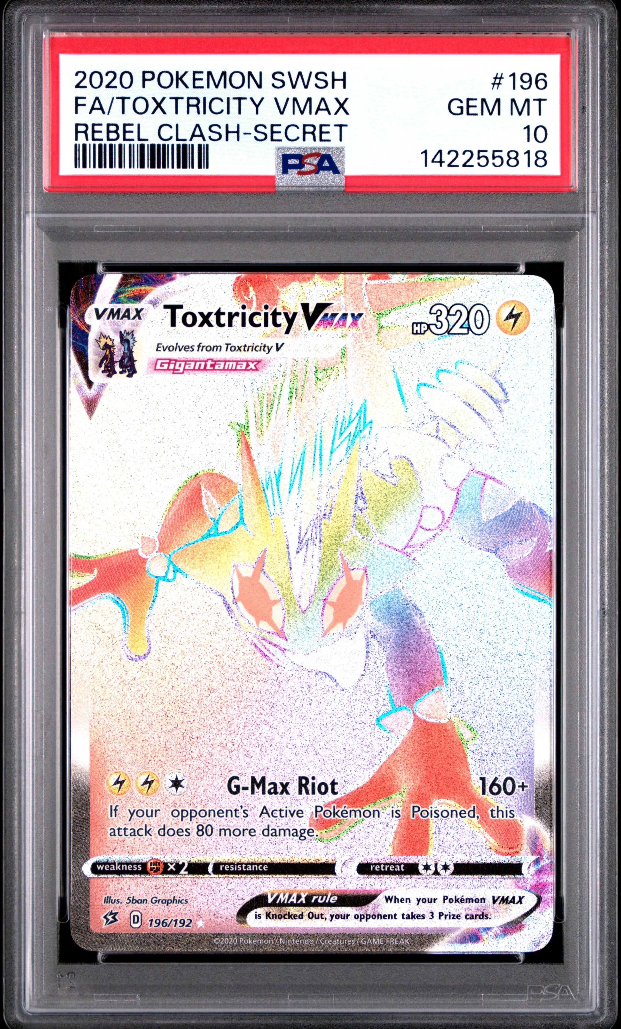 2020 Pokemon Sword & Shield Rebel Clash Toxtricity Vmax Secret 196/192 PSA 10 