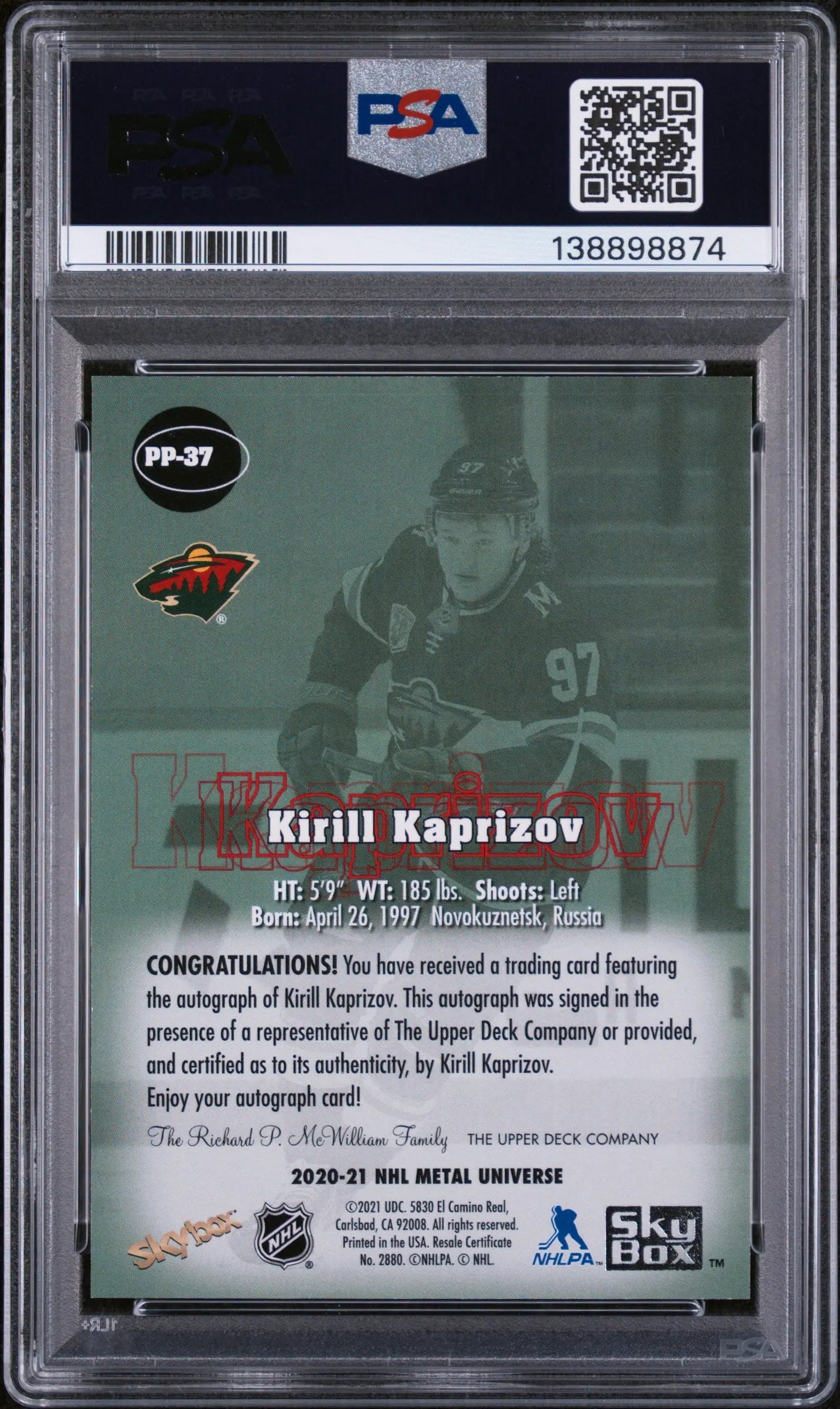 2020 Skybox Metal Universe Skybox Premium Prospects Kirill Kaprizov  PSA 9 