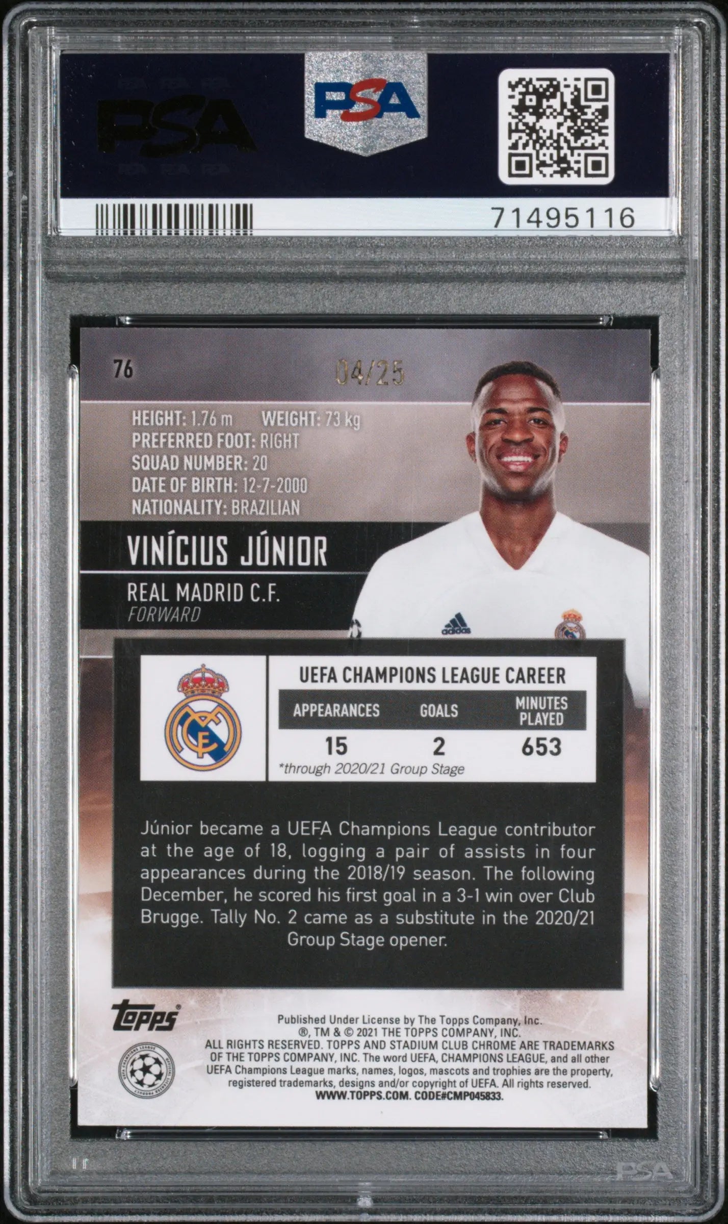 2020 Stadium Club Chrome UCL Orange Refractor Vinicius Junior #76 /25 PSA 10 