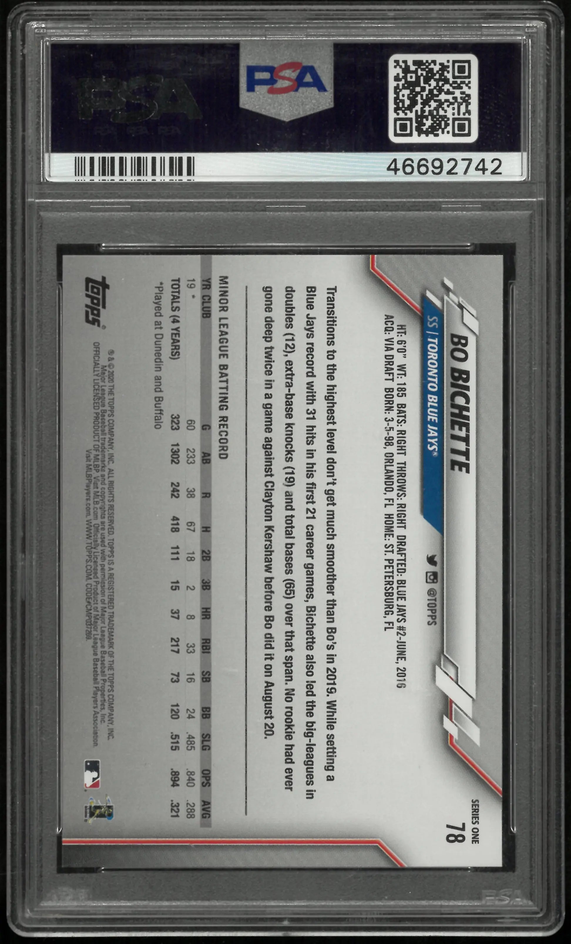 2020 Topps Bo Bichette #78 PSA 10 