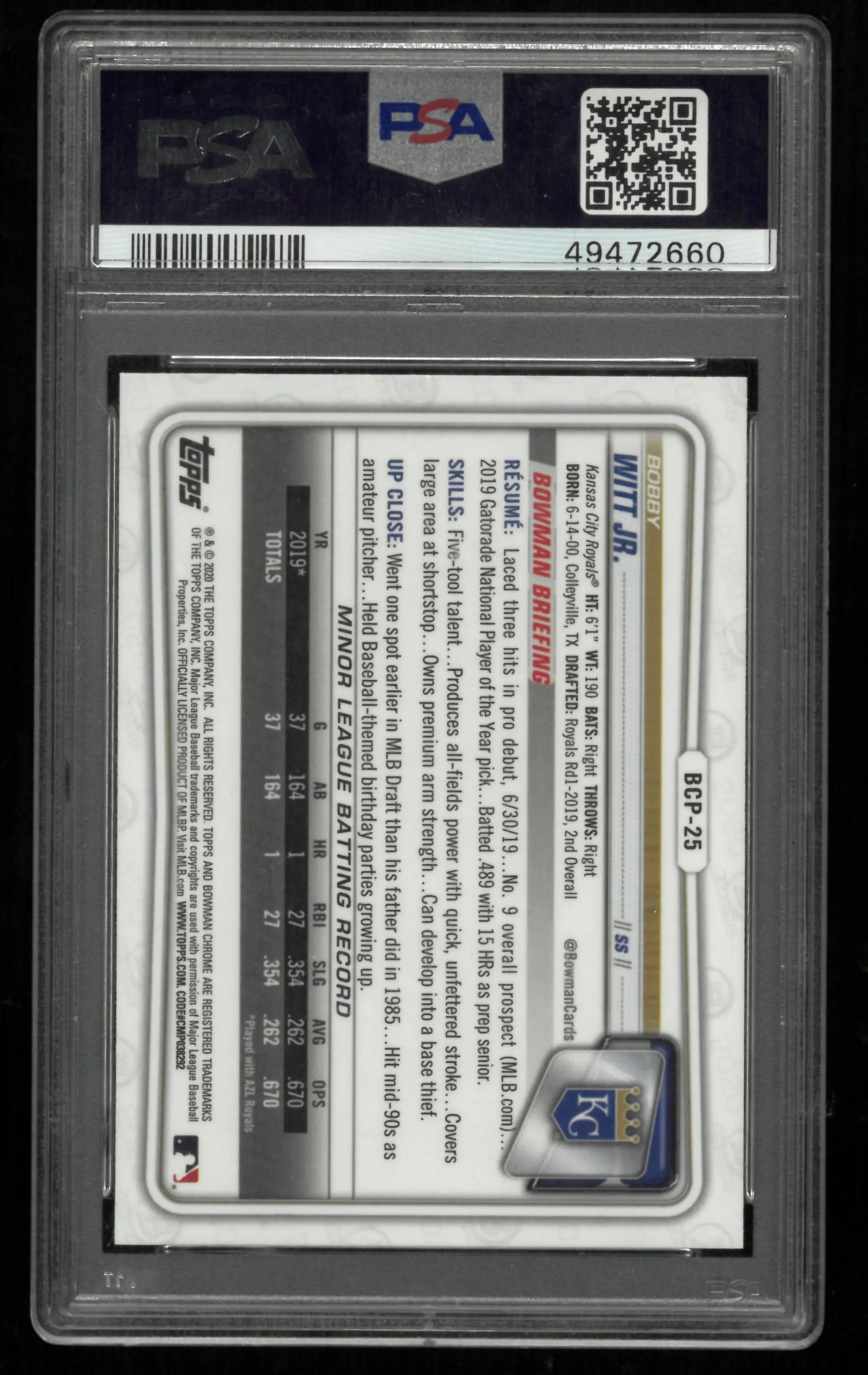 2020 Topps Bowman Chrome Prospects Bobby Witt JR. PSA 9 