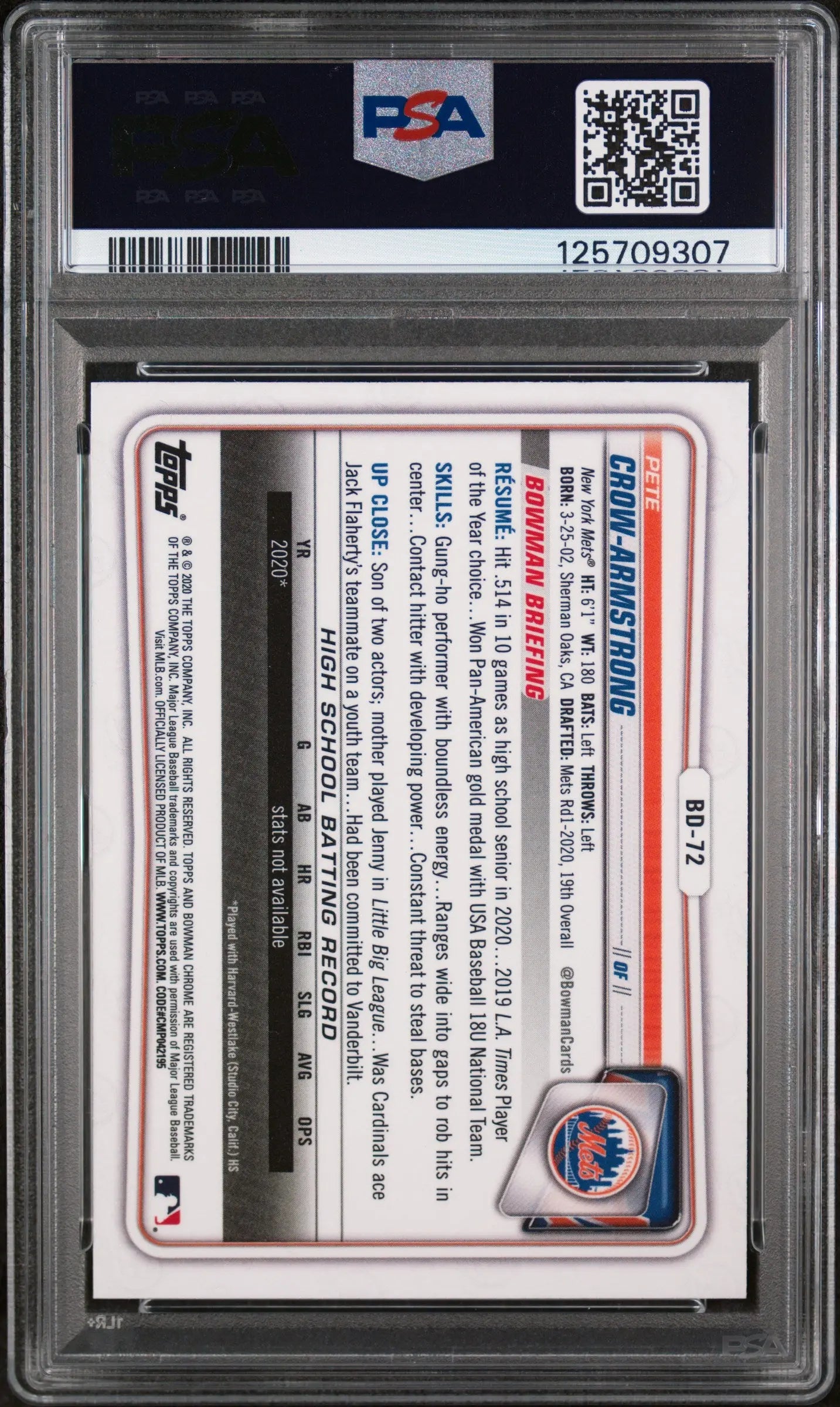 2020 Topps Bowman Draft Chrome Pete Crow-Armstrong Chrome PSA 10 