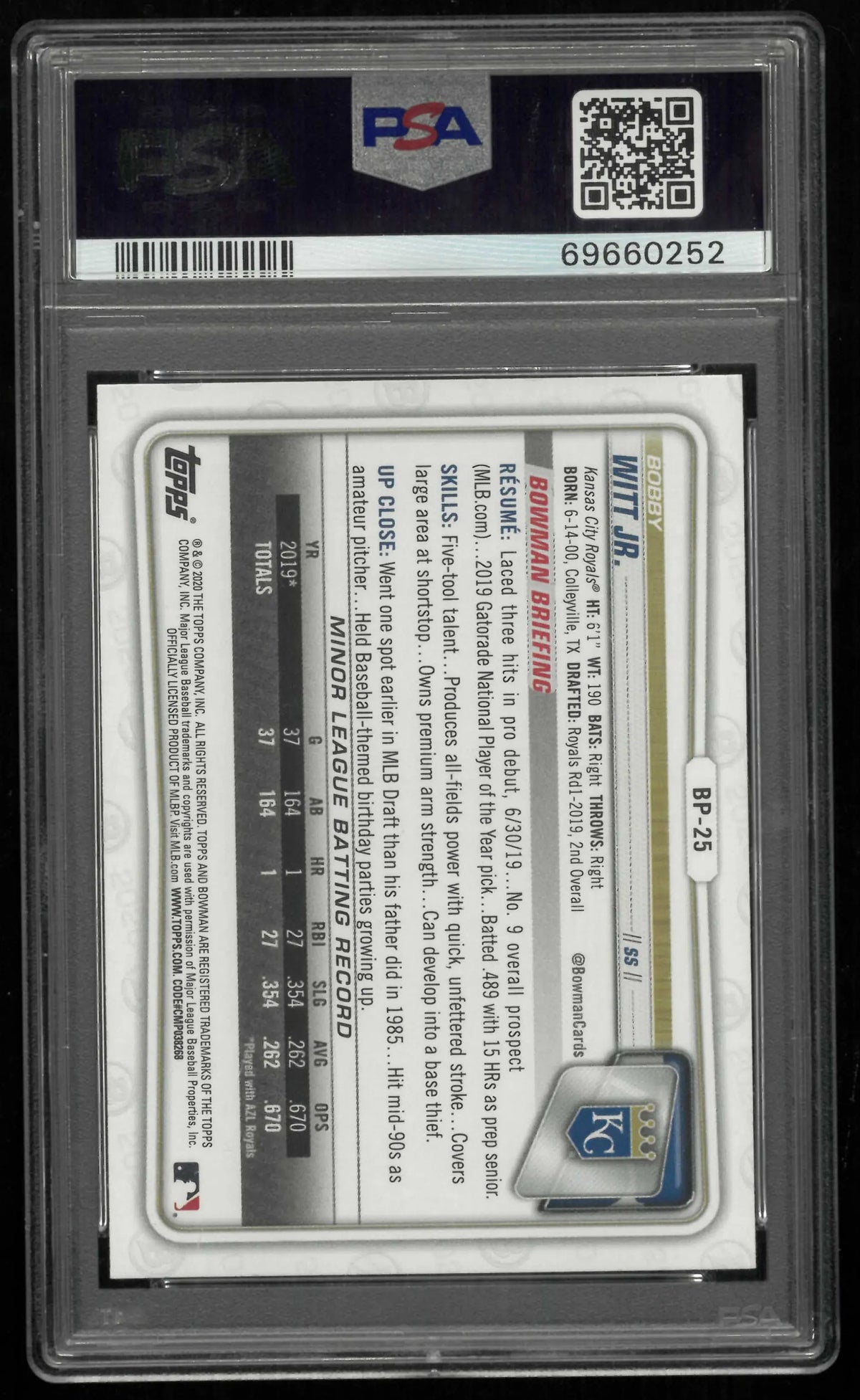2020 Topps Bowman Paper Prospects Bobby Witt Jr.  PSA 10 