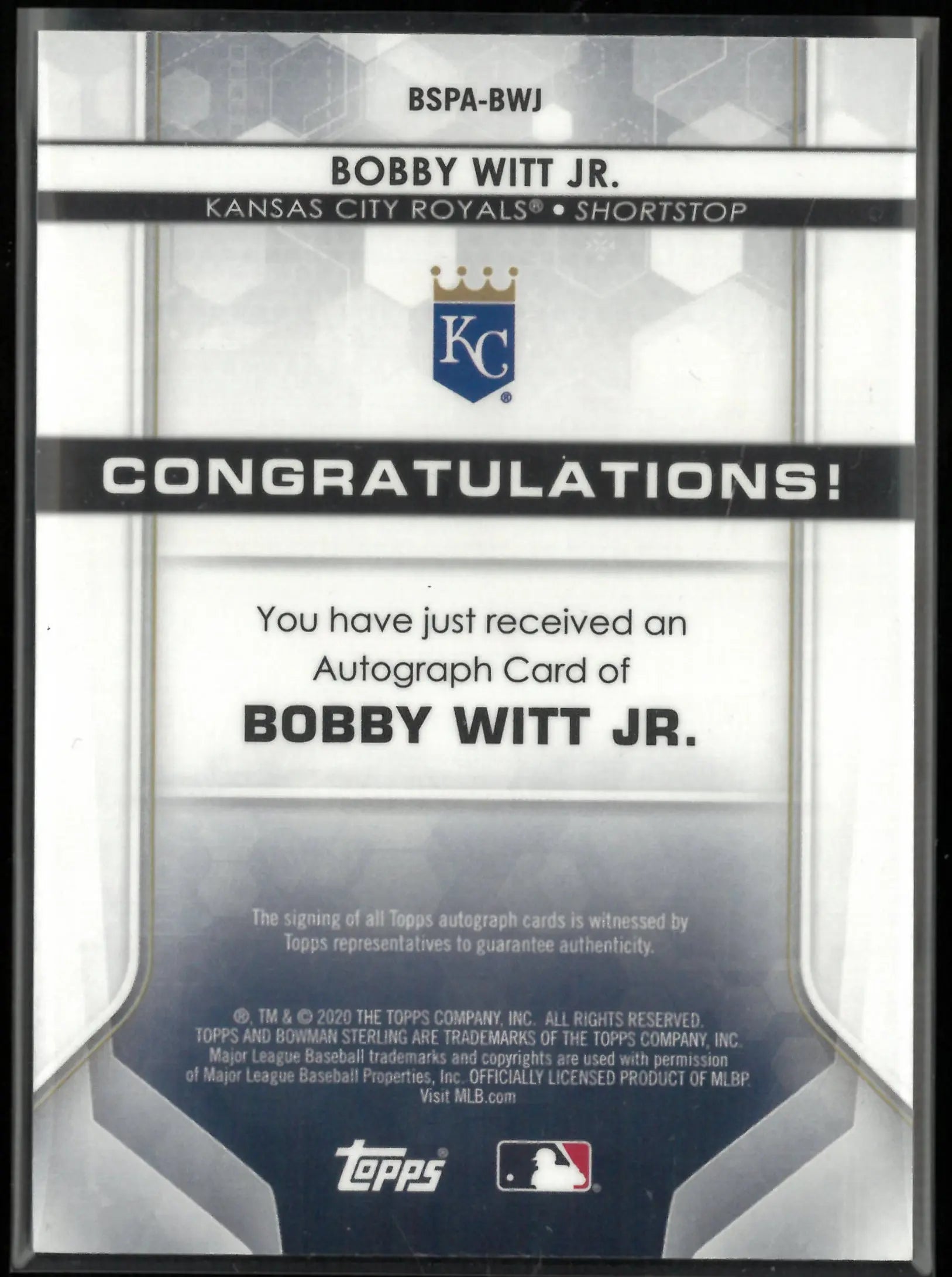 2020 Topps Bowman Sterling Autograph Bobby Witt Jr. Auto 