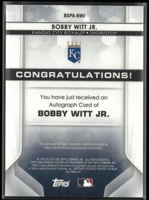 2020 Topps Bowman Sterling Autograph Bobby Witt Jr. Auto 