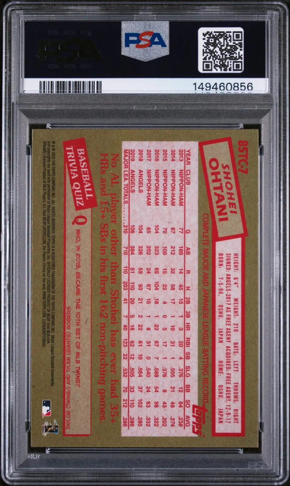 2020 Topps Chrome 1985 Topps Shohei Ohtani PSA 9 
