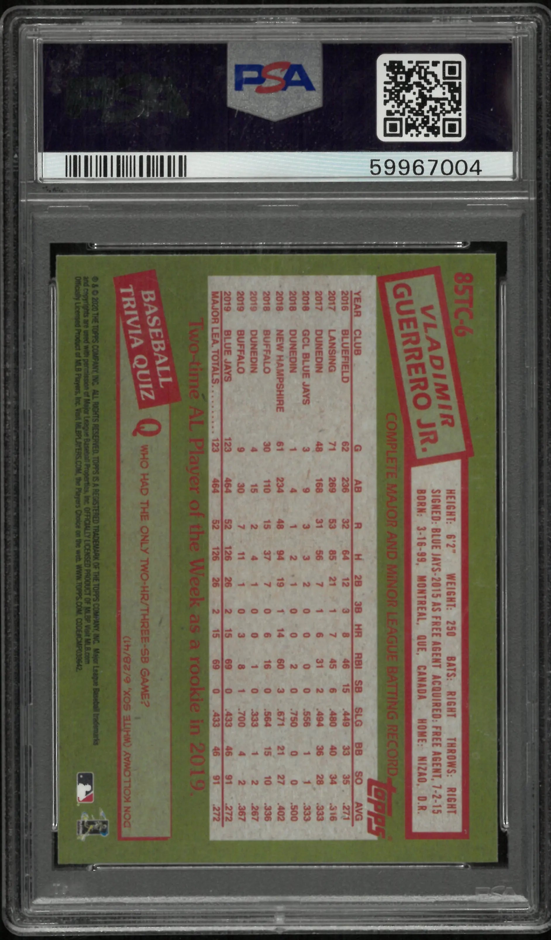 2020 Topps Chrome 1985 Topps Vladimir Guerrero JR. #85TC6 PSA 10 