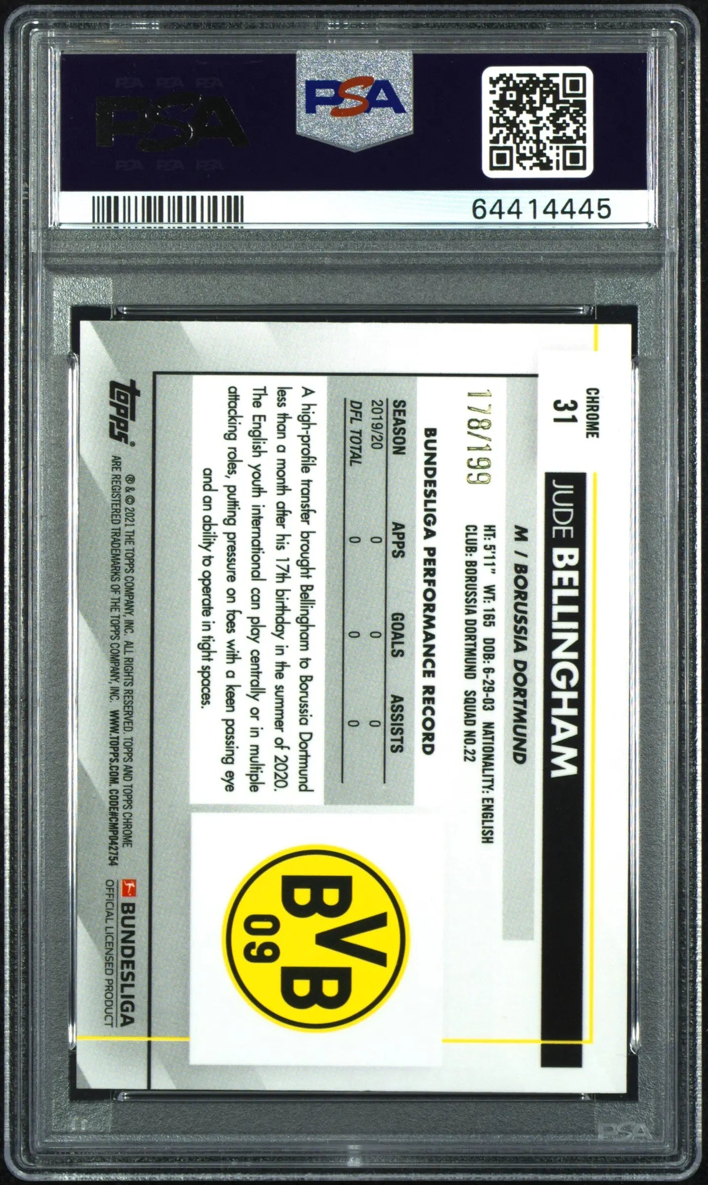2020 Topps Chrome Bundesliga Jude Bellingham RC Prism Refractor PSA 9 /199 