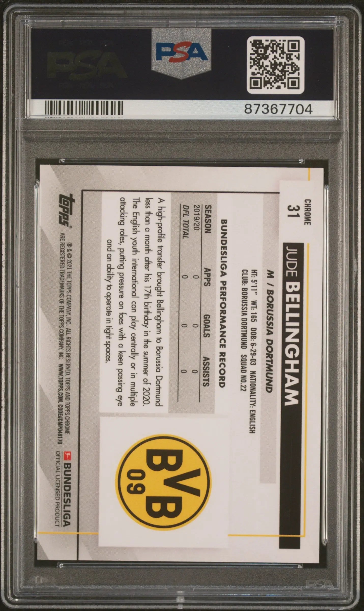 2020 Topps Chrome Bundesliga Sapphire Edition Jude Bellingham RC PSA 10 