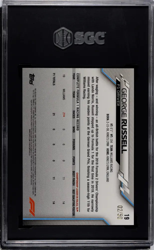 2020 Topps Chrome F1 George Russell  Gold Wave Refractor /50 SGC 9 