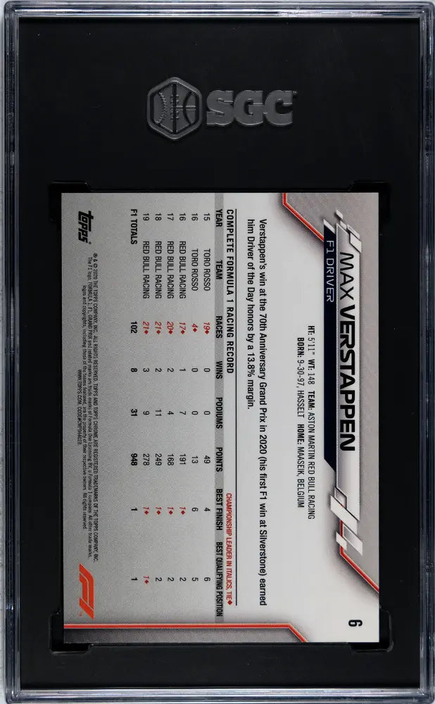 2020 Topps Chrome F1 Max Verstappen #6 SGC 10 