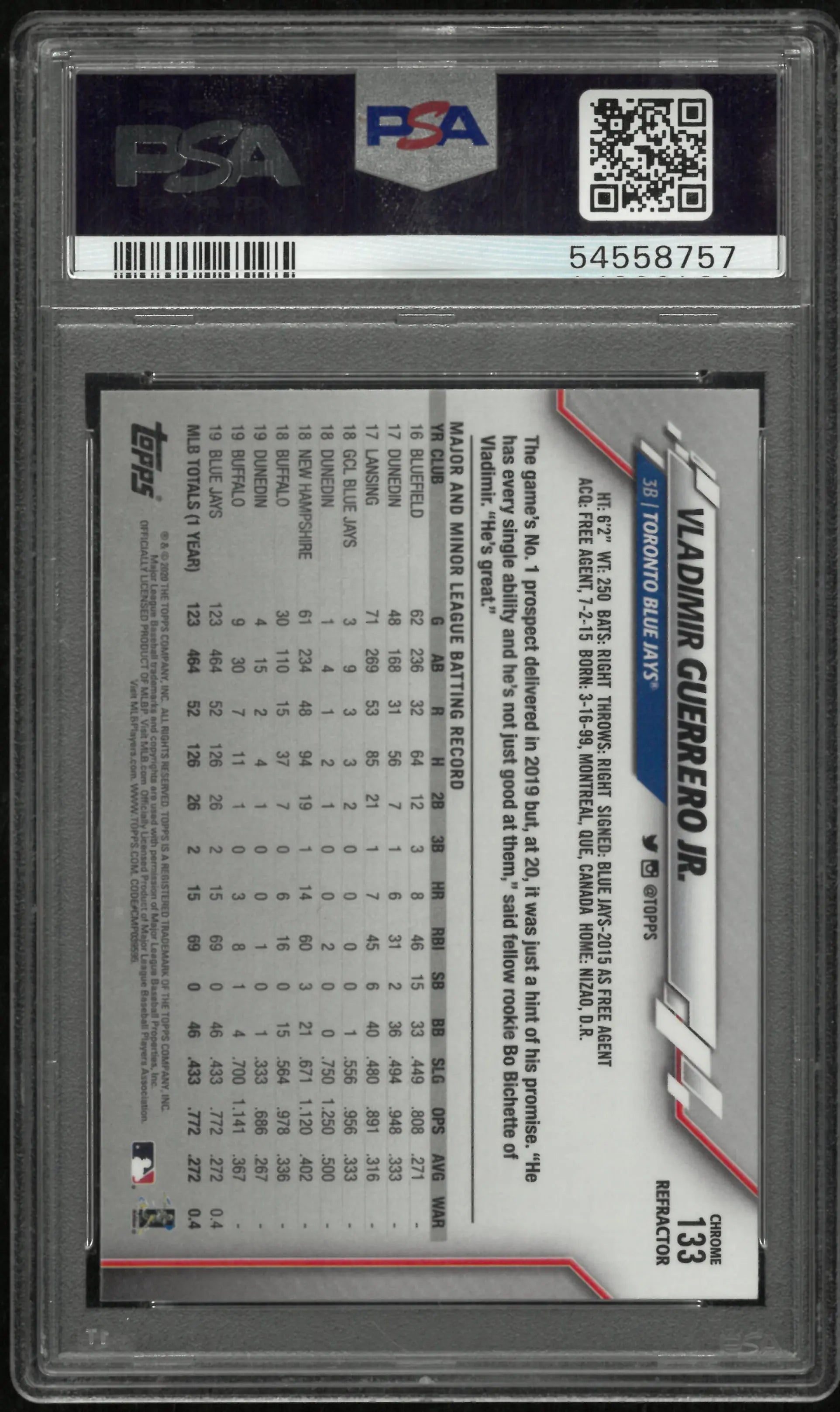 2020 Topps Chrome Sepia Refractor Vladimir Guerrero JR. PSA 10 