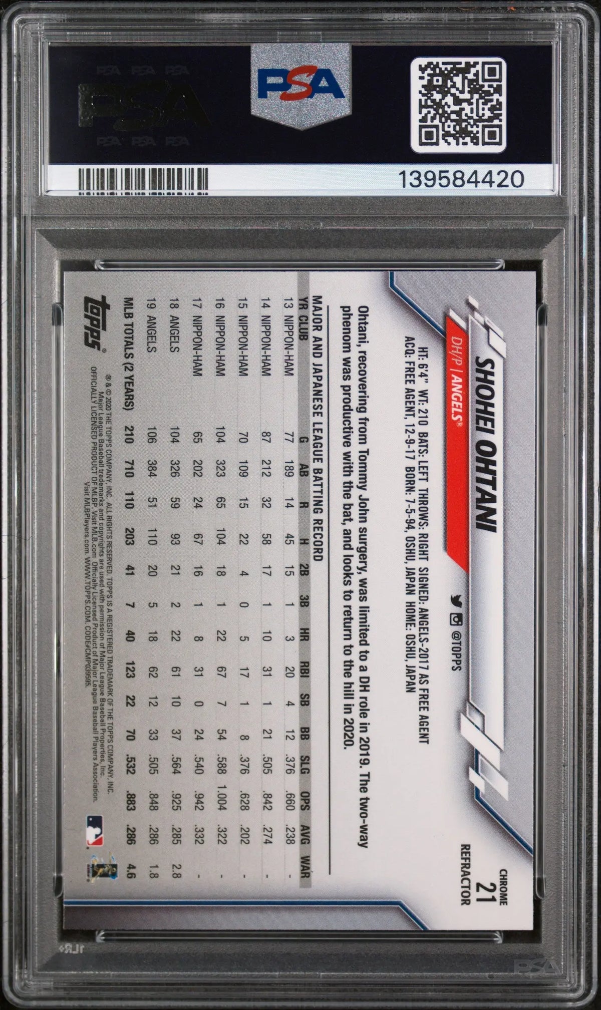 2020 Topps Chrome Shohei Ohtani Refractor PSA 10 