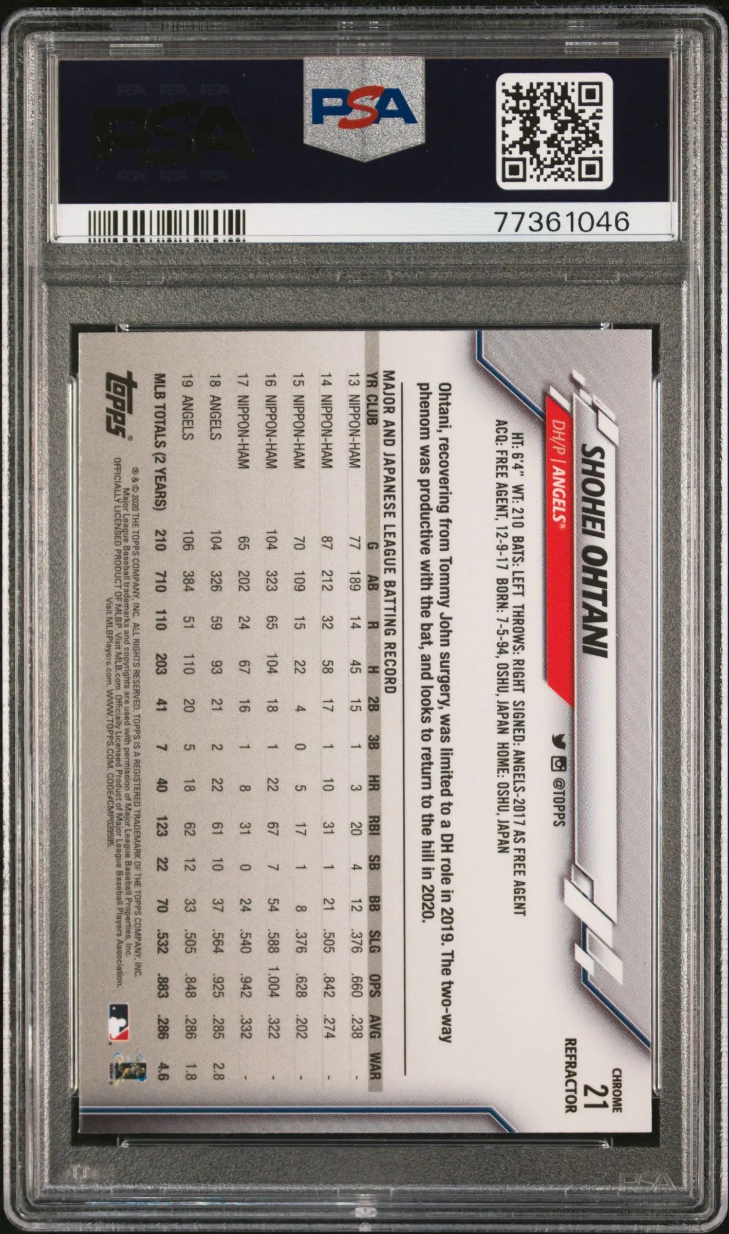 2020 Topps Chrome Shohei Ohtani #21 Pink Refractor PSA 9 