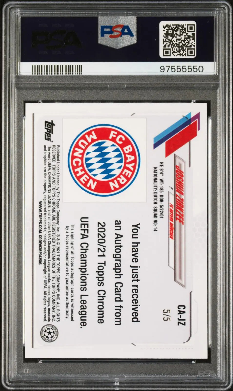 2020 Topps Chrome UCL Autographs Joshua Zirkzee Auto Red Wave Ref. /5 PSA 8 