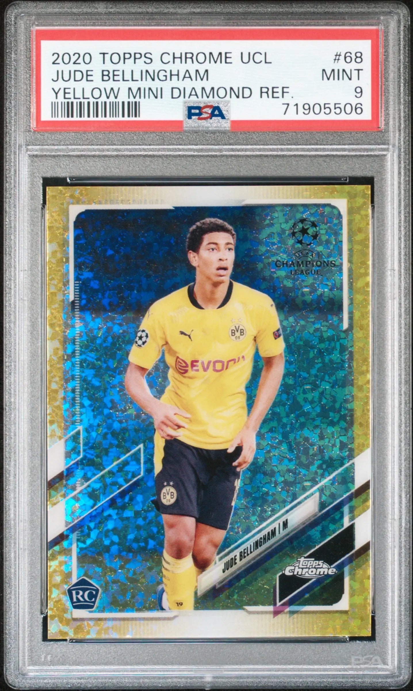 2020 Topps Chrome UCL Jude Bellingham RC Yellow Diamond Refractor PSA 9 /299 