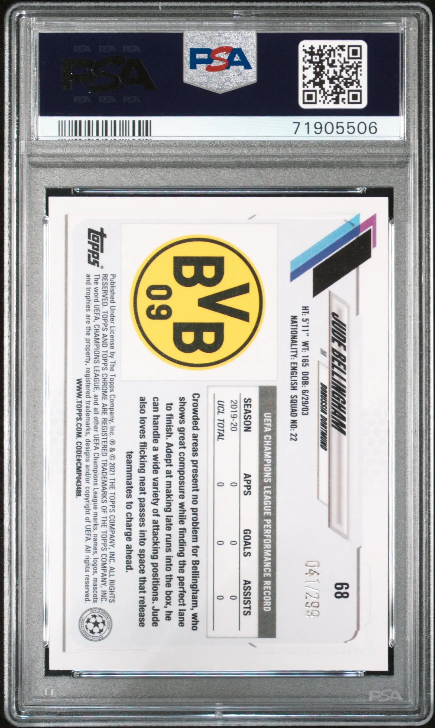 2020 Topps Chrome UCL Jude Bellingham RC Yellow Diamond Refractor PSA 9 /299 