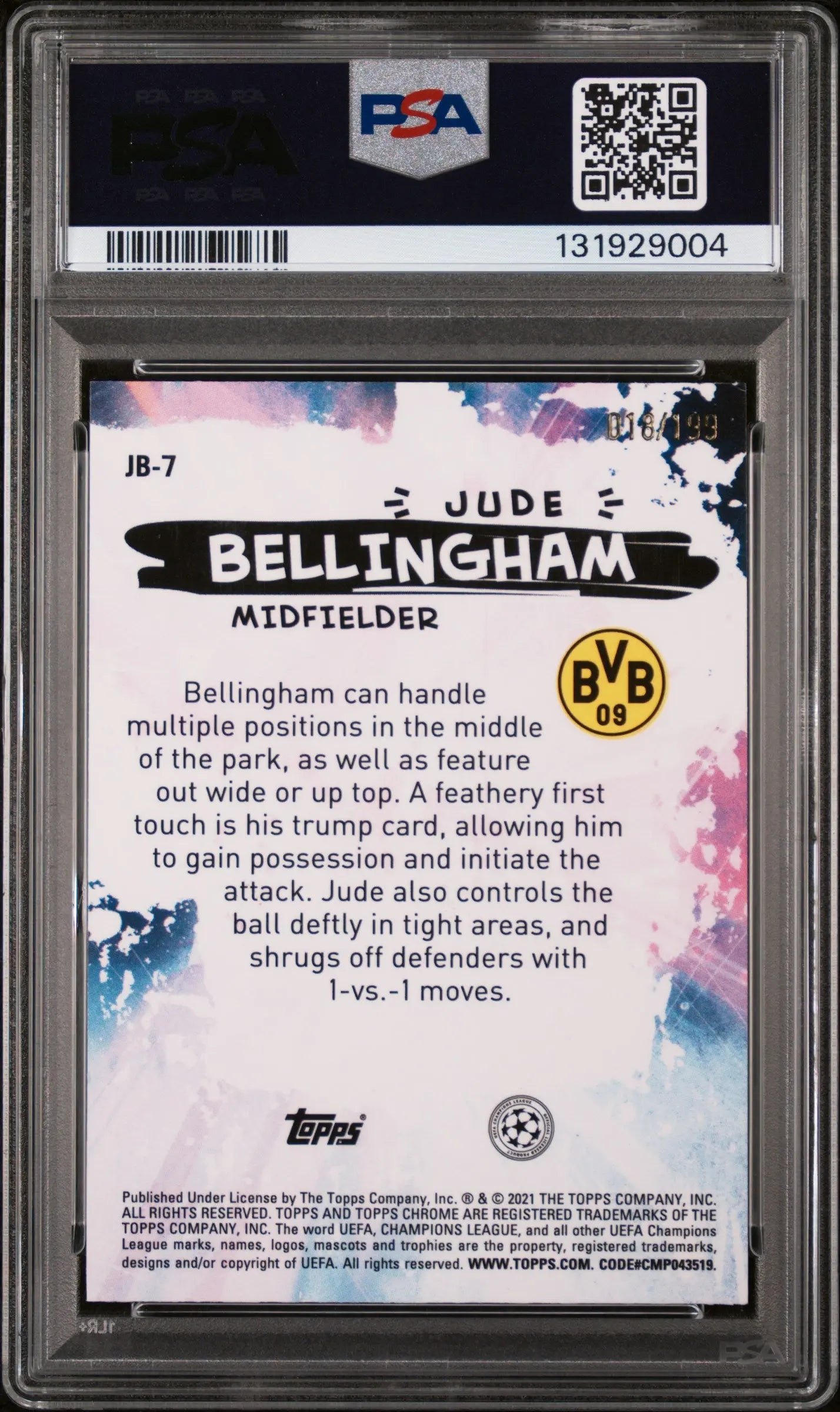 2020 Topps Chrome UEFA Champions League Joga Bonito Jude Bellingham Aqua /199 PSA 8 