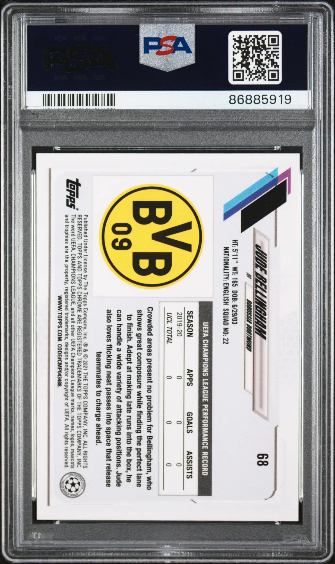 2020 Topps Chrome UEFA Champions League Rookie Jude Bellingham Speckle RC PSA 9 