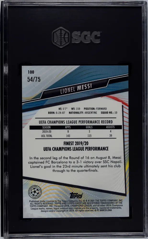 2020 Topps Finest Uefa Lionel Messi #100 Aqua Refractor SGC 10 