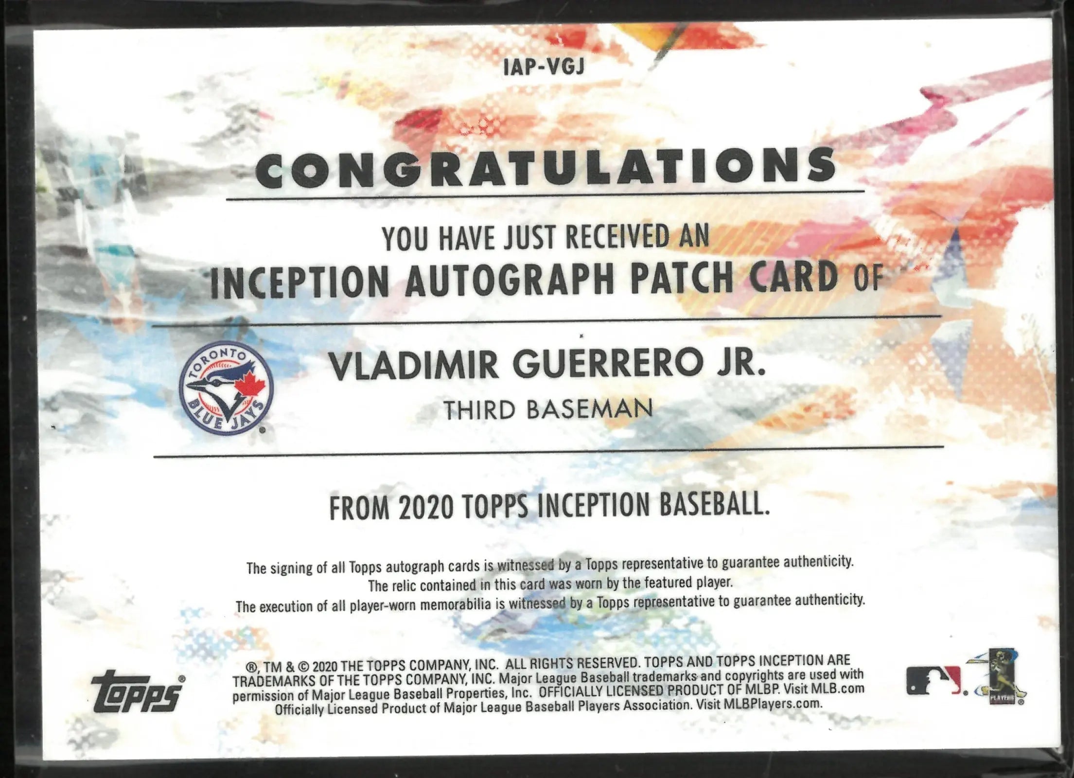 2020 Topps Inception Autograph Patch Vladimir Guerrero Jr. Auto 