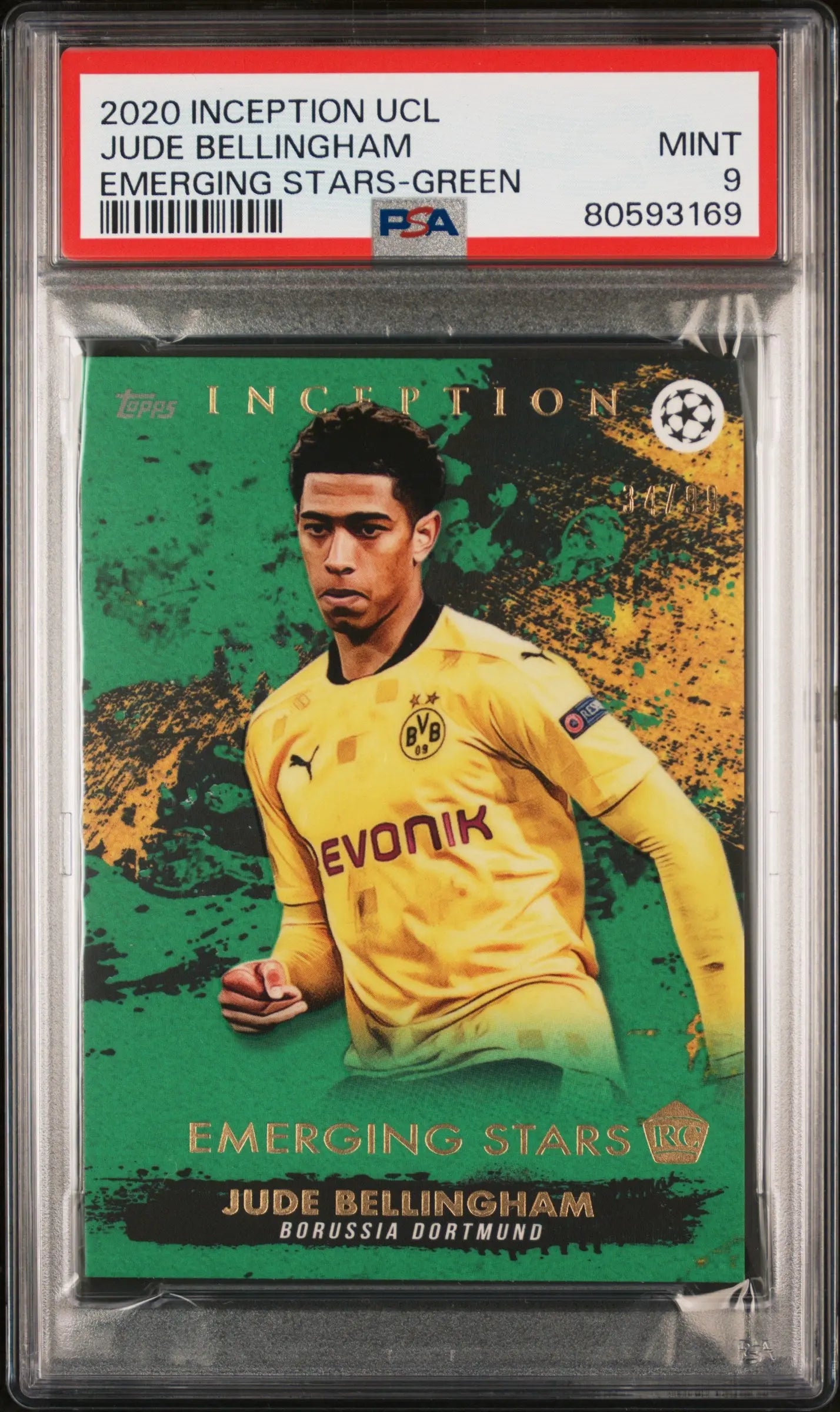 2020 Topps Inception UCL Jude Bellingham RC Rookie Emerging Stars Green PSA 9 
