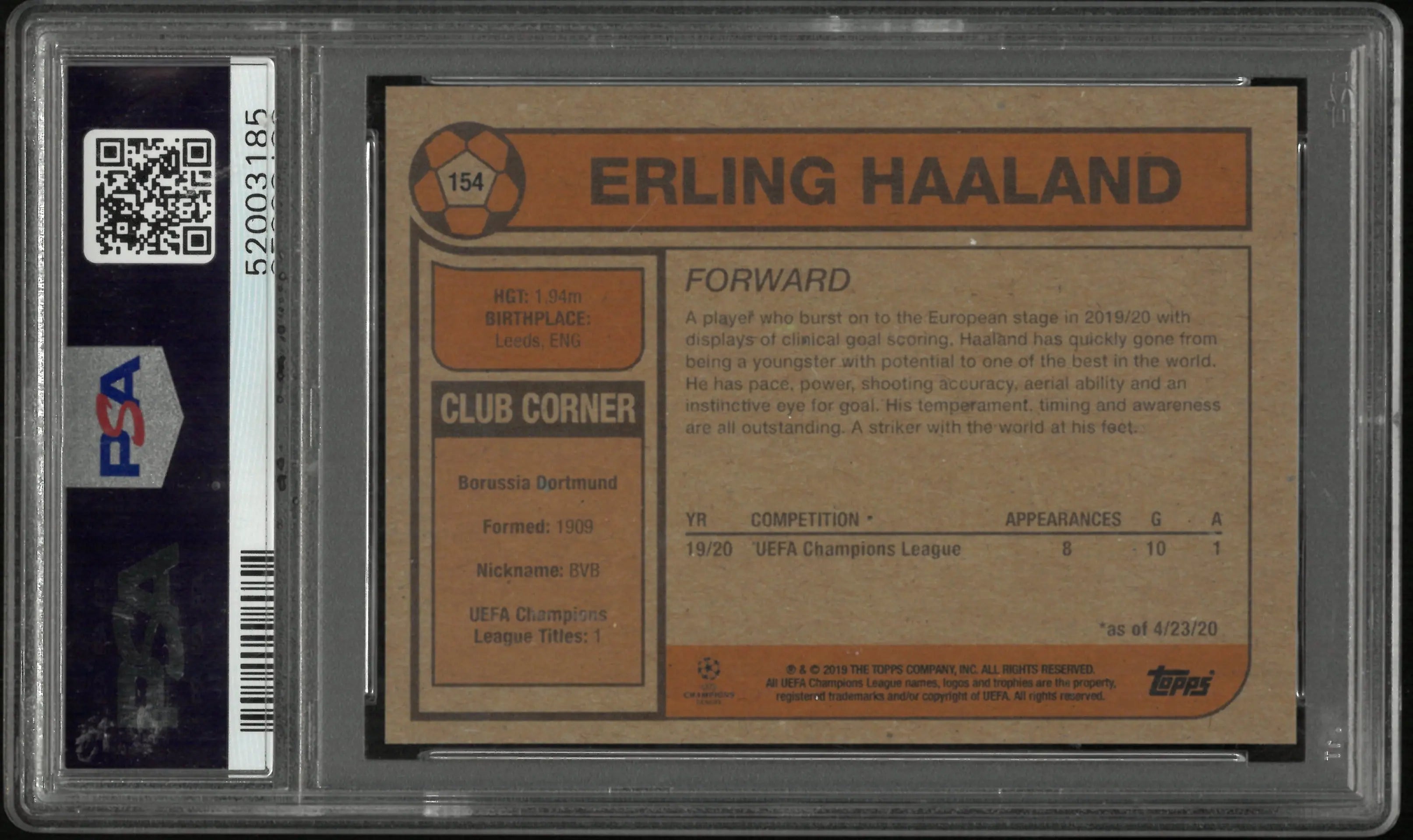 2020 Topps Living UEFA Champions League Erling Haaland #154 PSA 9 