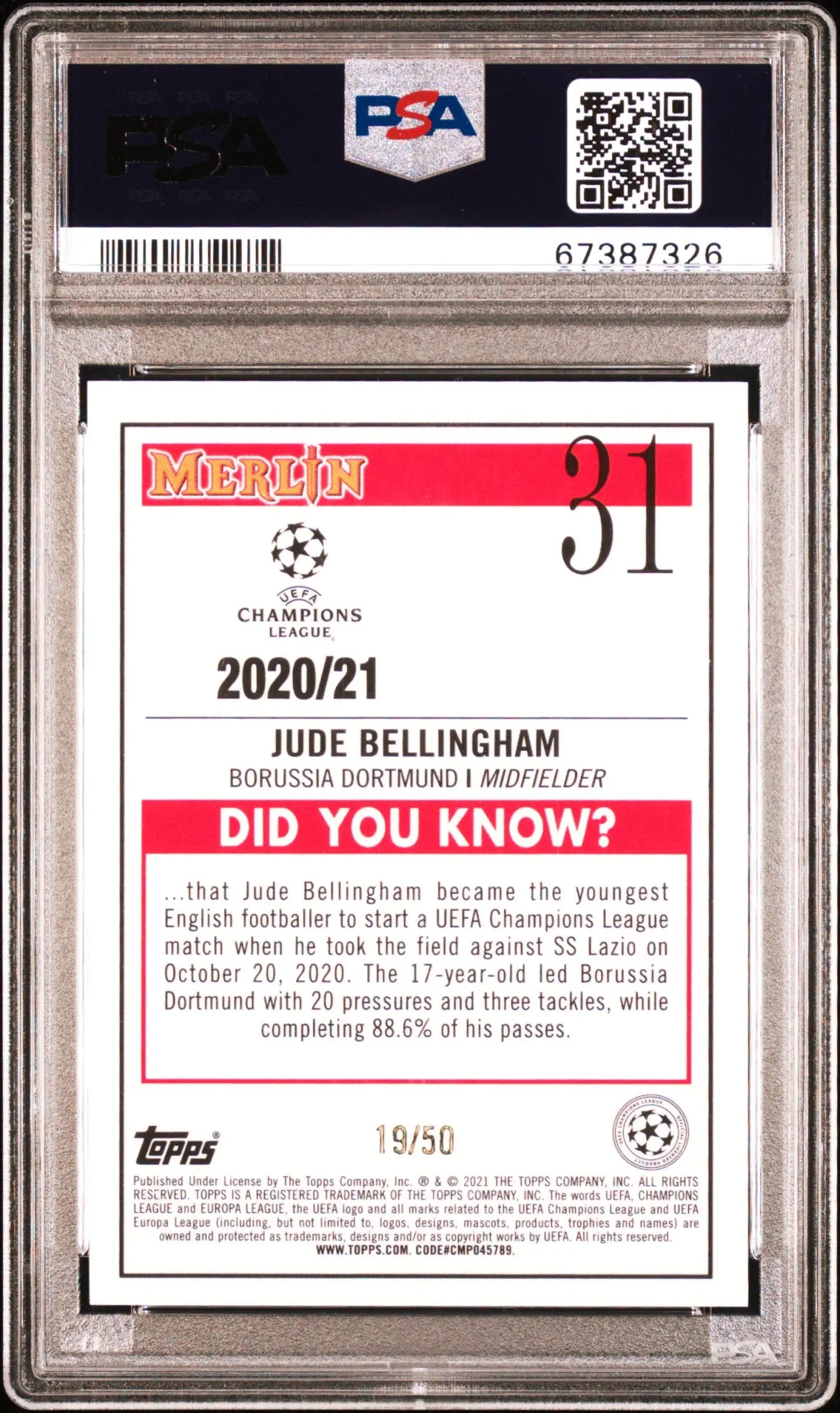 2020 Topps Merlin Chrome UCL Jude Bellingham RC Rookie Gold Refractor PSA 9 /50 