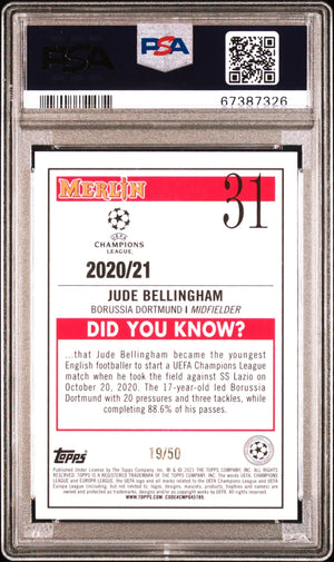 2020 Topps Merlin Chrome UCL Jude Bellingham RC Rookie Gold Refractor PSA 9 /50 