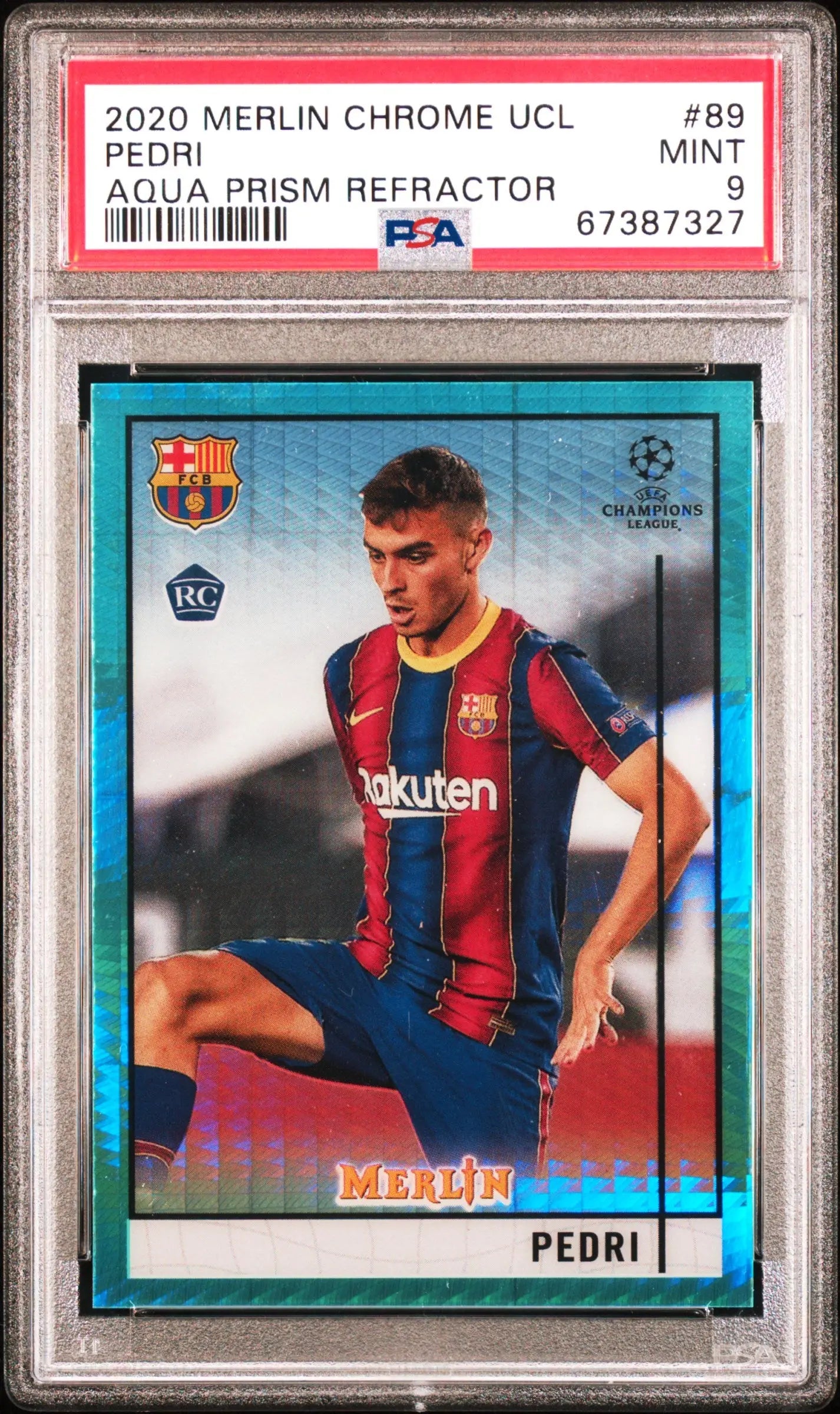 2020 Topps Merlin Chrome UCL Pedri RC Rookie Aqua Prism Refractor PSA 9 