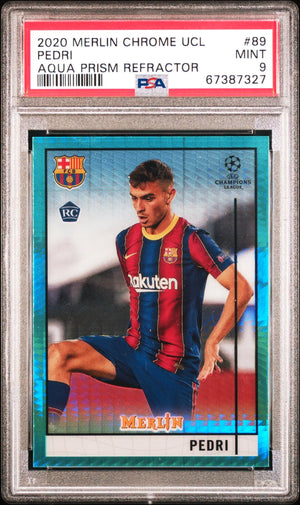 2020 Topps Merlin Chrome UCL Pedri RC Rookie Aqua Prism Refractor PSA 9 