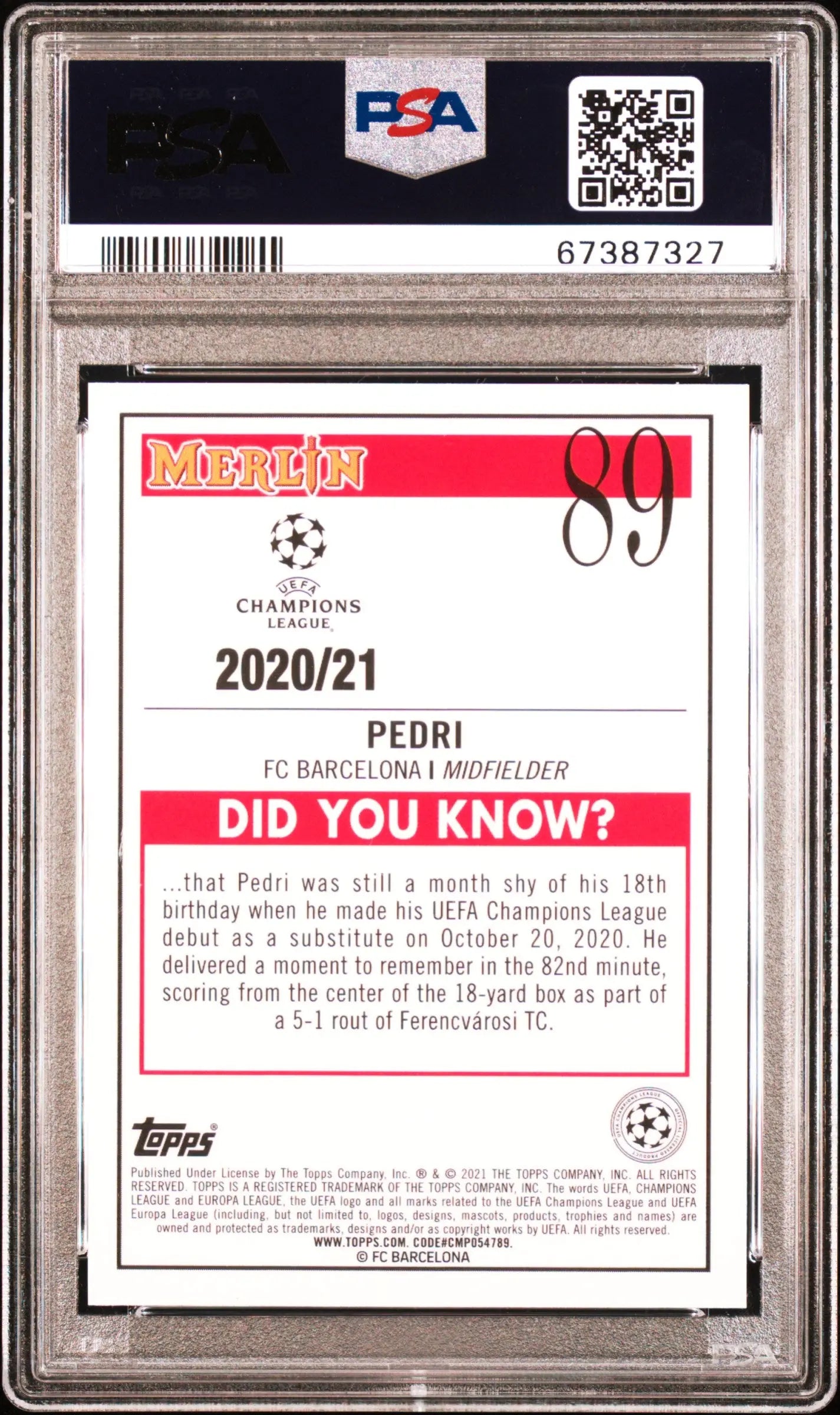 2020 Topps Merlin Chrome UCL Pedri RC Rookie Aqua Prism Refractor PSA 9 